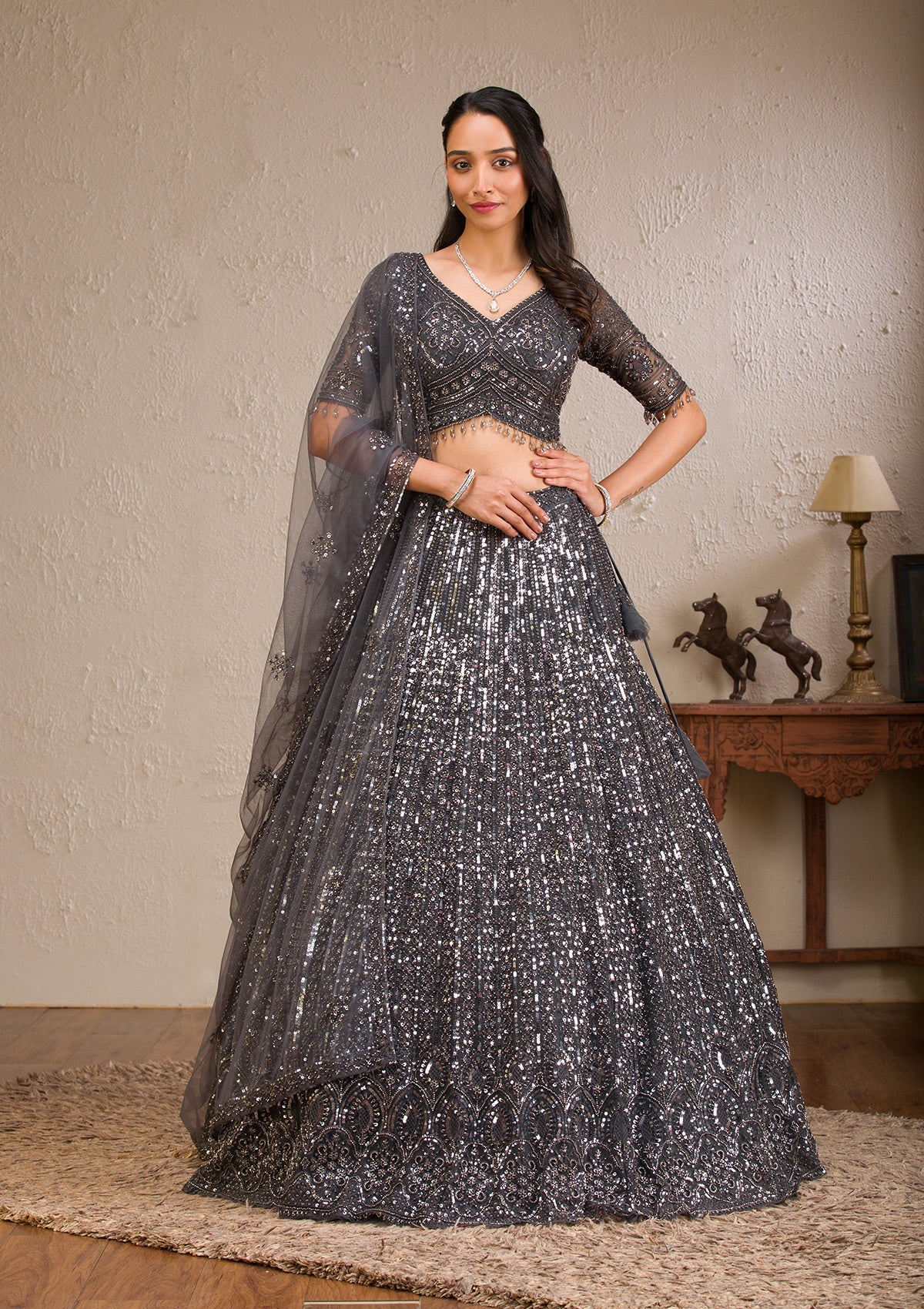 Koskii Dark Grey Sequins Net Readymade Lehenga
