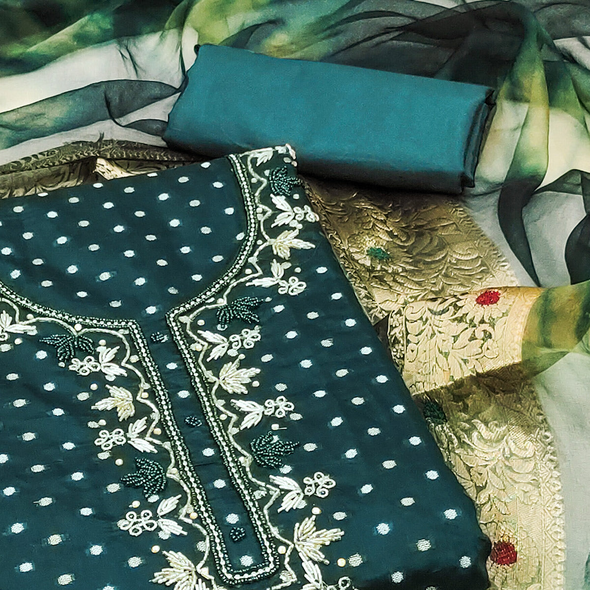 Peachmode Morpich Woven With Handwork Chanderi Silk Dress Material - view 2