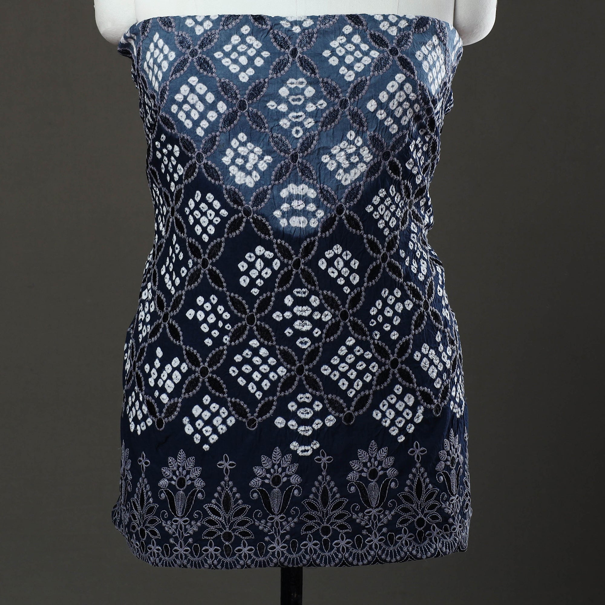 KACHCHH JI CHHAAP Blue - 3pc Tie & Dye Satin Cotton Bandhani Dress Material 59 - view 3