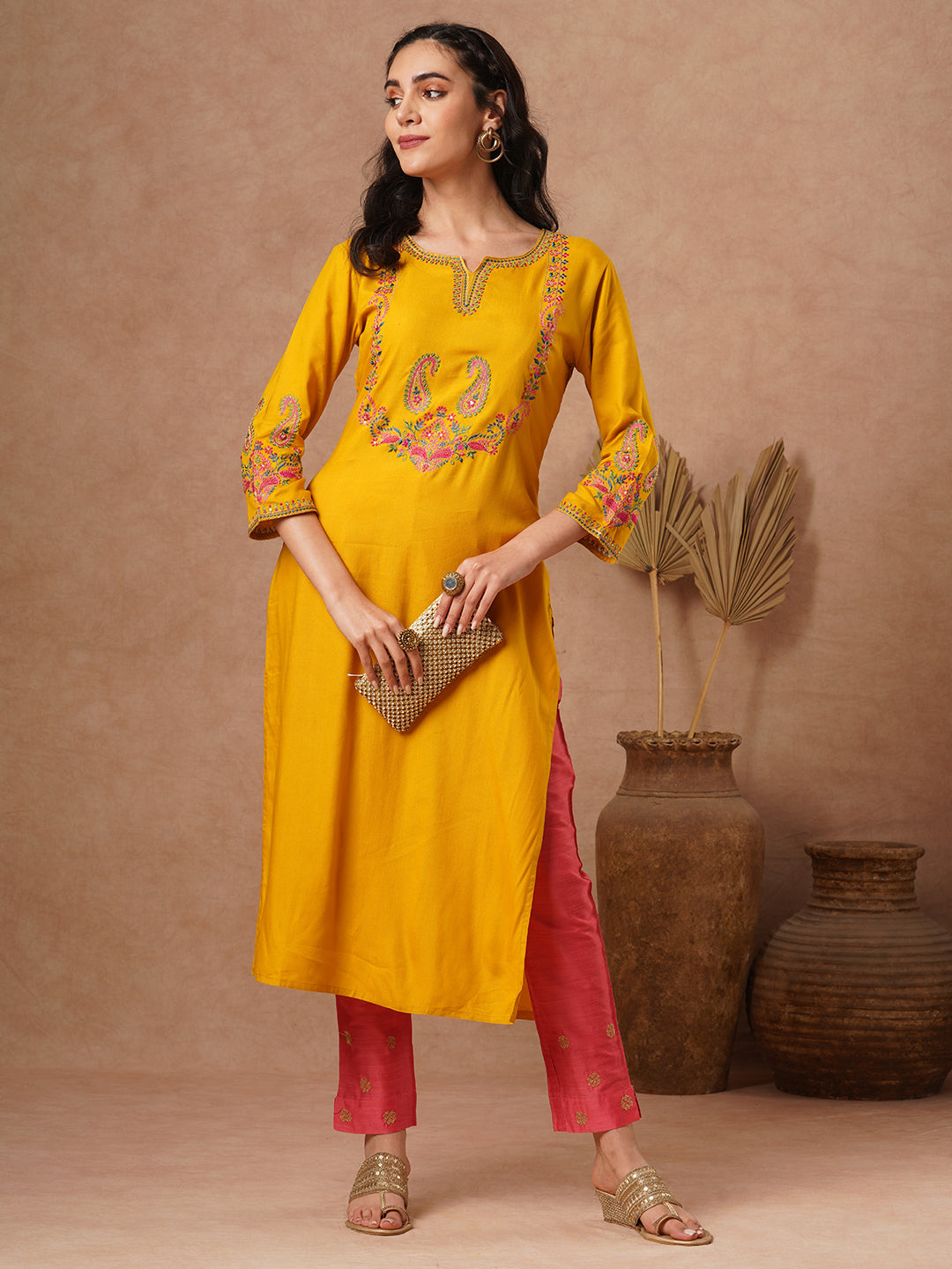 FASHOR Ethnic Embroidered Straight Fit Kurta - Yellow - view 3