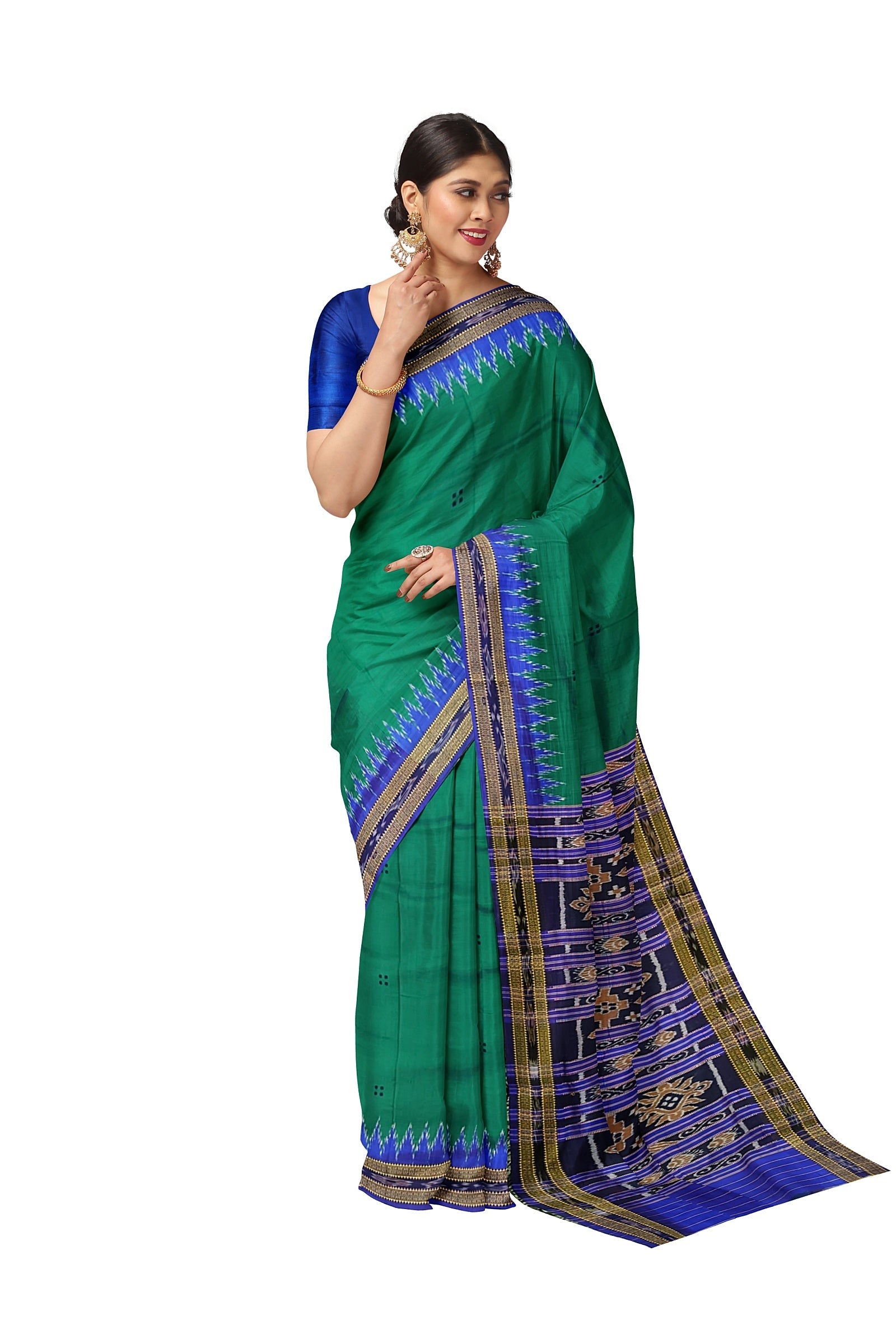 IndianVillèz Deep Green Butta Design Odisha Ikat Khandua Silk Saree(Pre-Order)