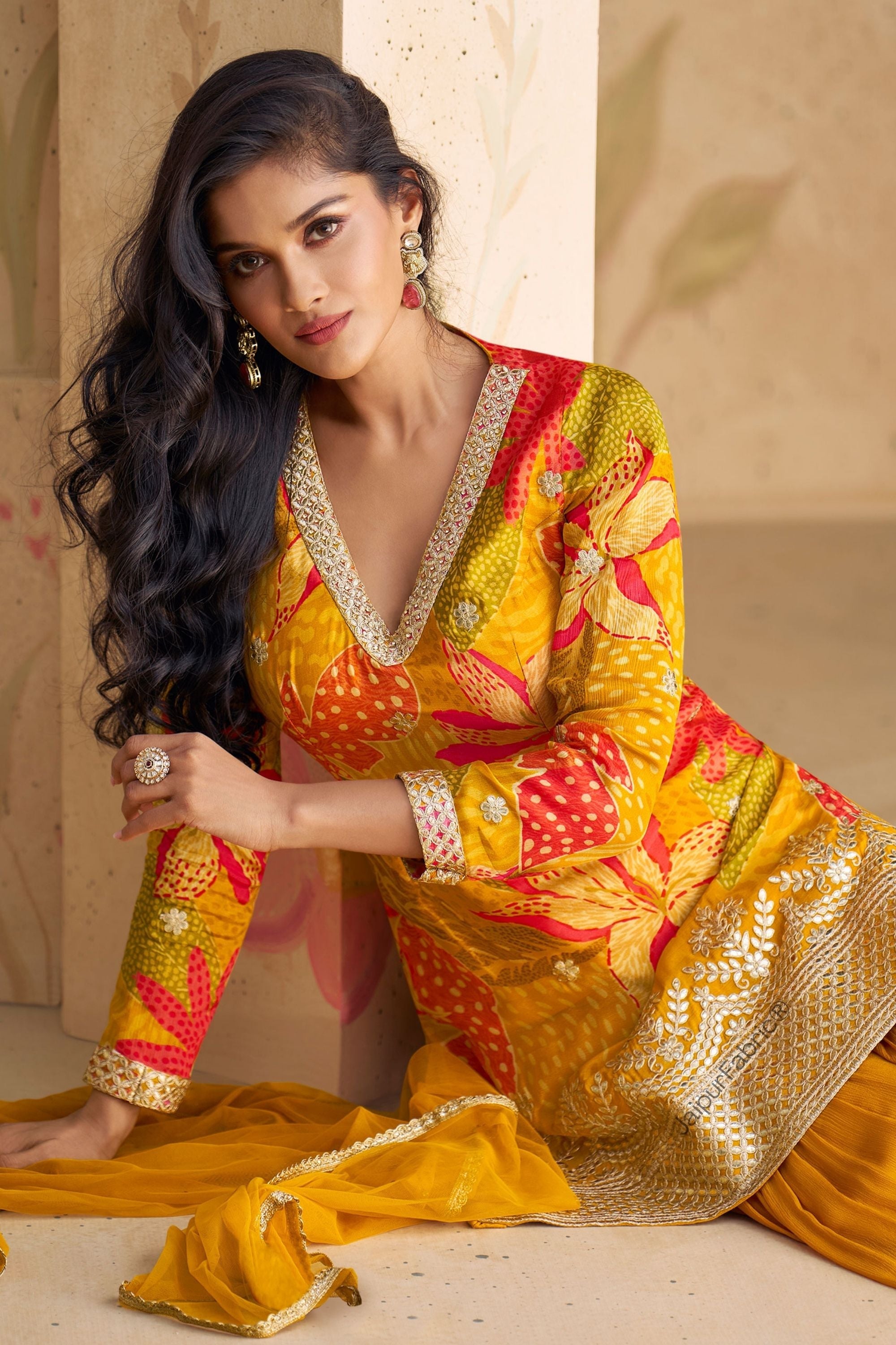 JaipurFabric® Digital Printed Chinon Silk Mustard Color Beautiful Suit