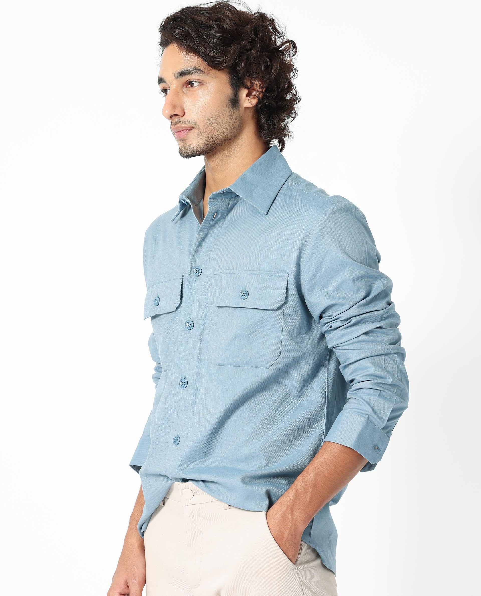Rare Rabbit Men's Lampil Dusky Blue Cotton Fabric Full Sleeves Solid Shirt - view 3
