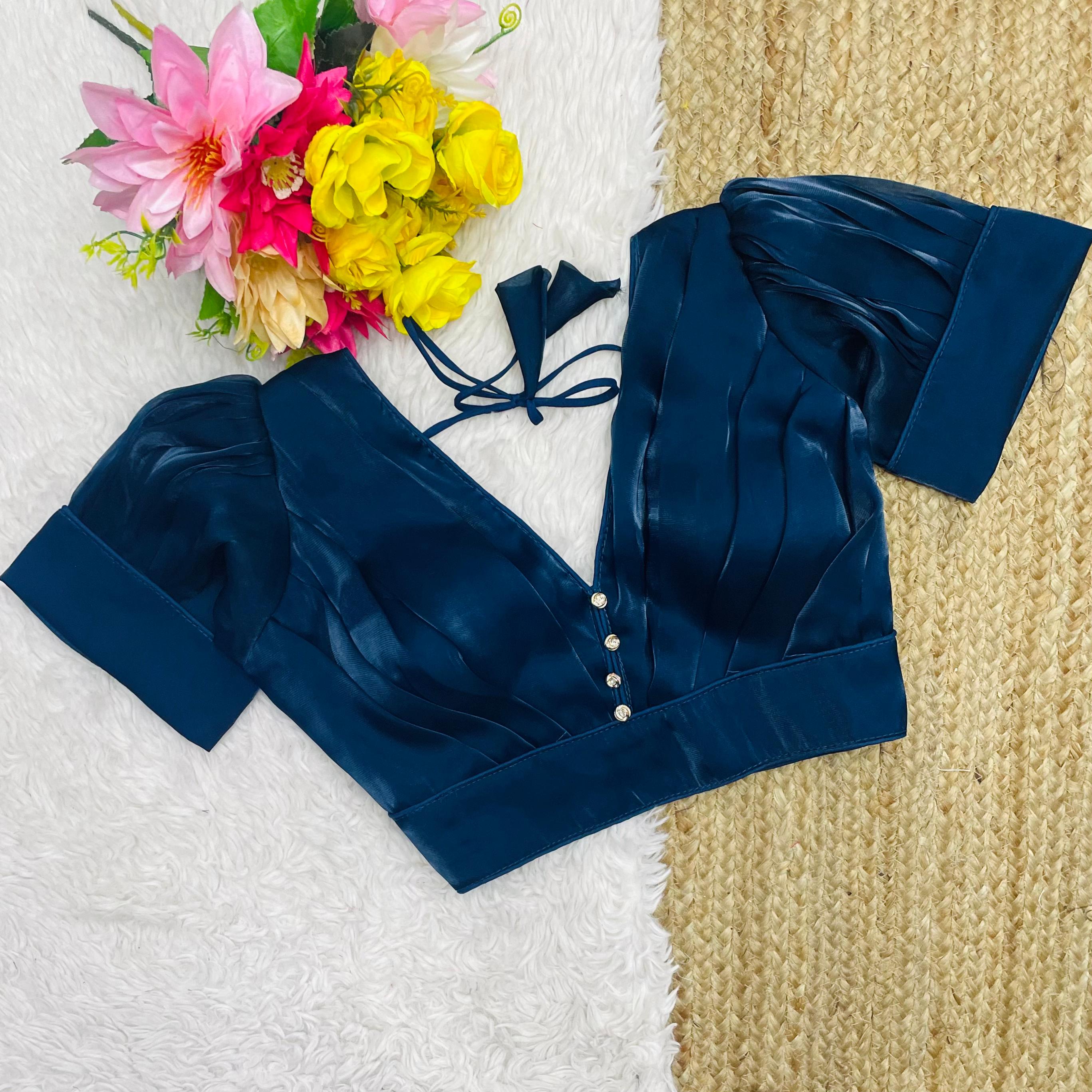 ClothsVilla Navy Blue Glamorous Ruffled Metallic Jimmy Choo Blouse