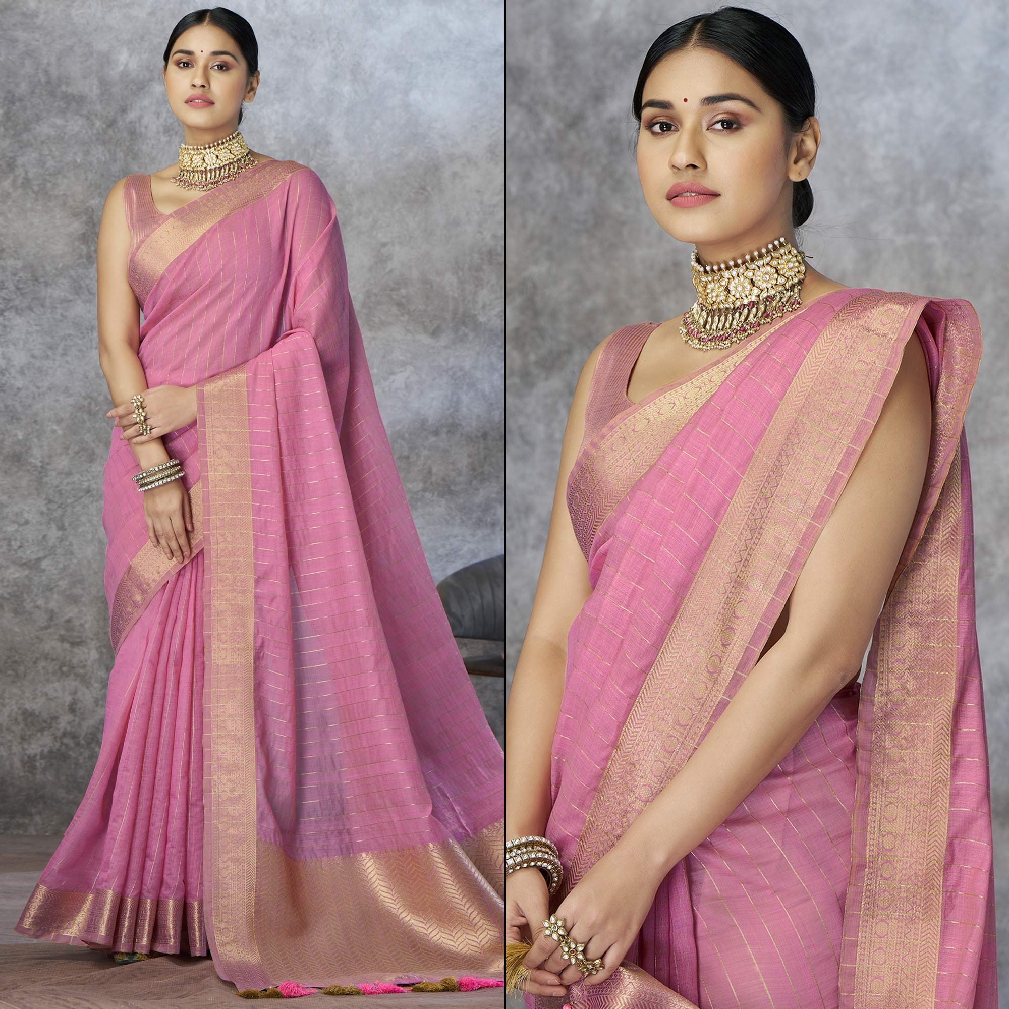 Peachmode Pink Woven Cotton Silk Saree With Tassels