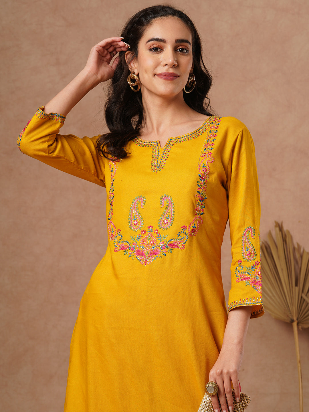 FASHOR Ethnic Embroidered Straight Fit Kurta - Yellow - view 2