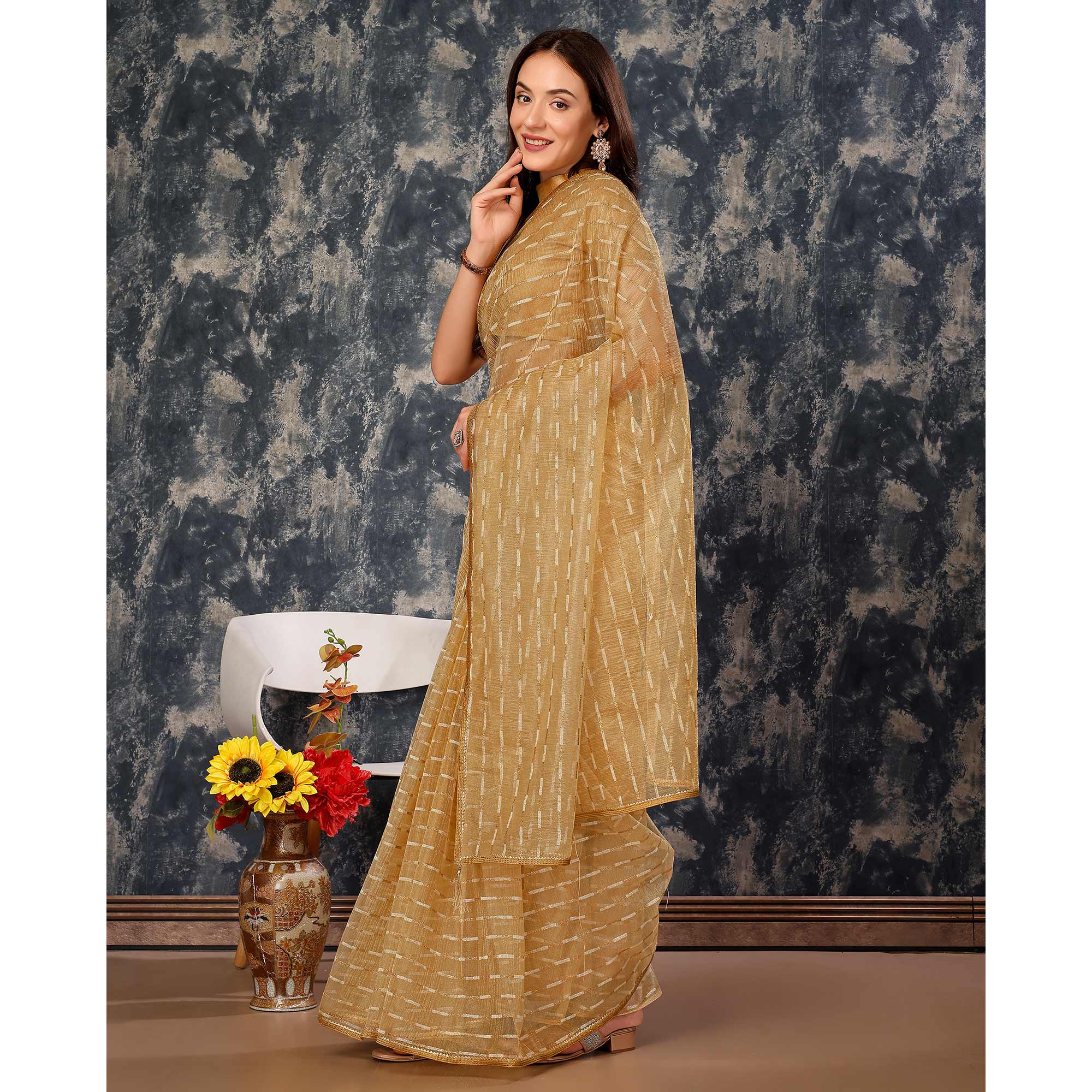 Peachmode Chikoo Zari Printed Cotton Silk Saree Lace Border - view 4