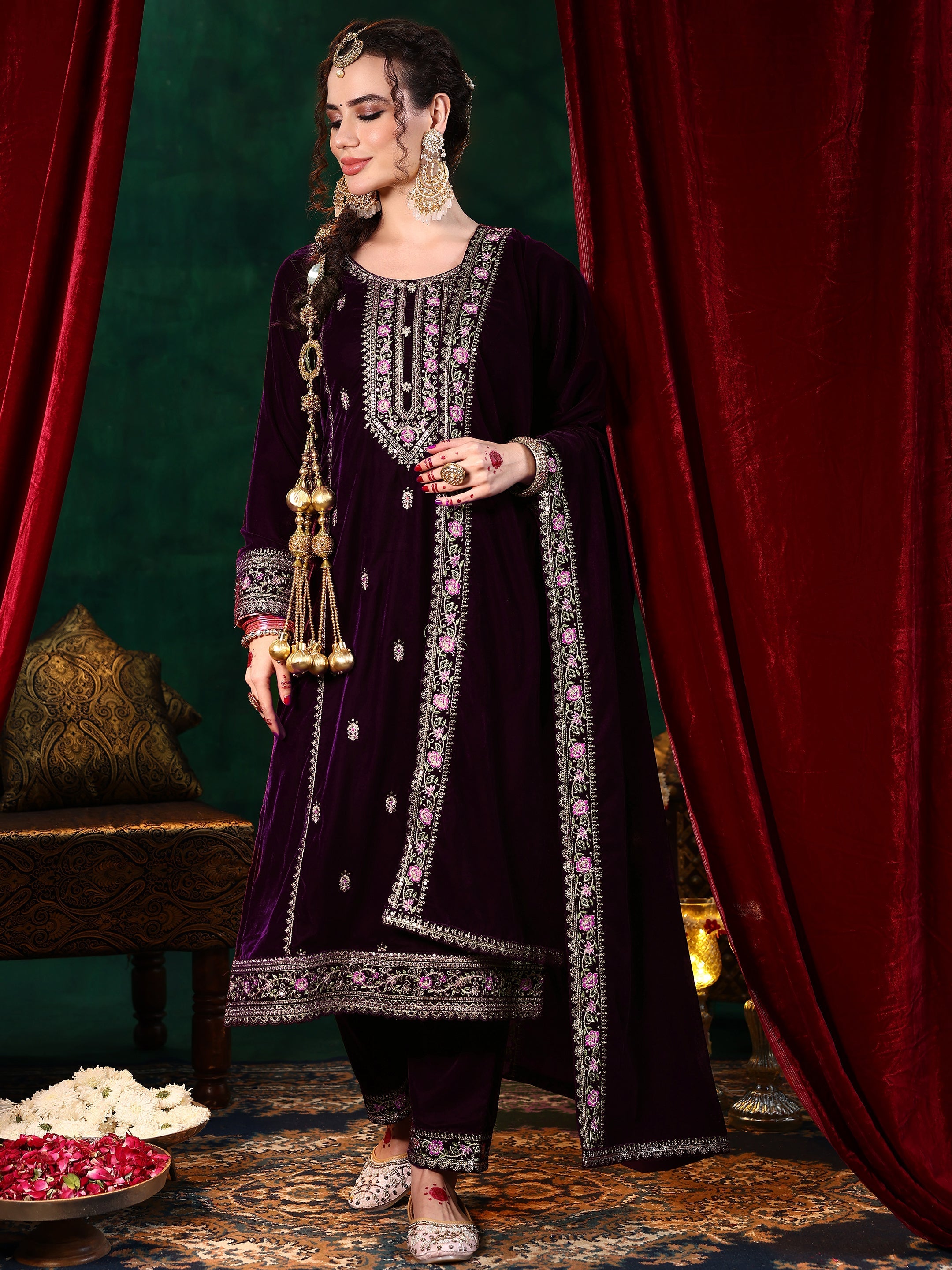 Libas Burgundy Embroidered Velvet Straight Suit With Dupatta
