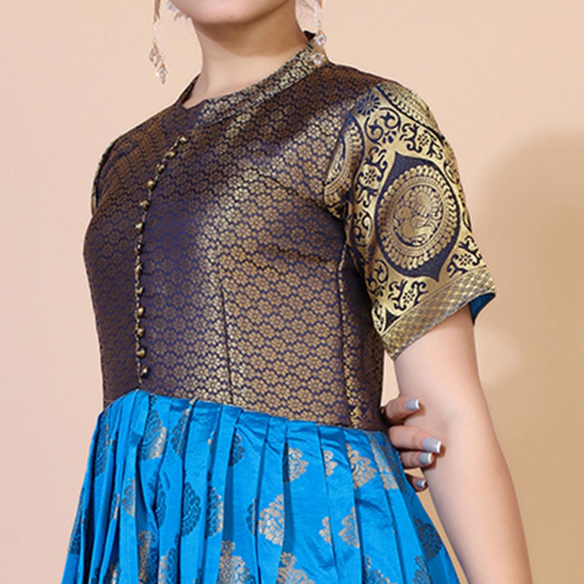 Peachmode Seller Blue Woven Jacquard Anarkali Style Gown - view 2