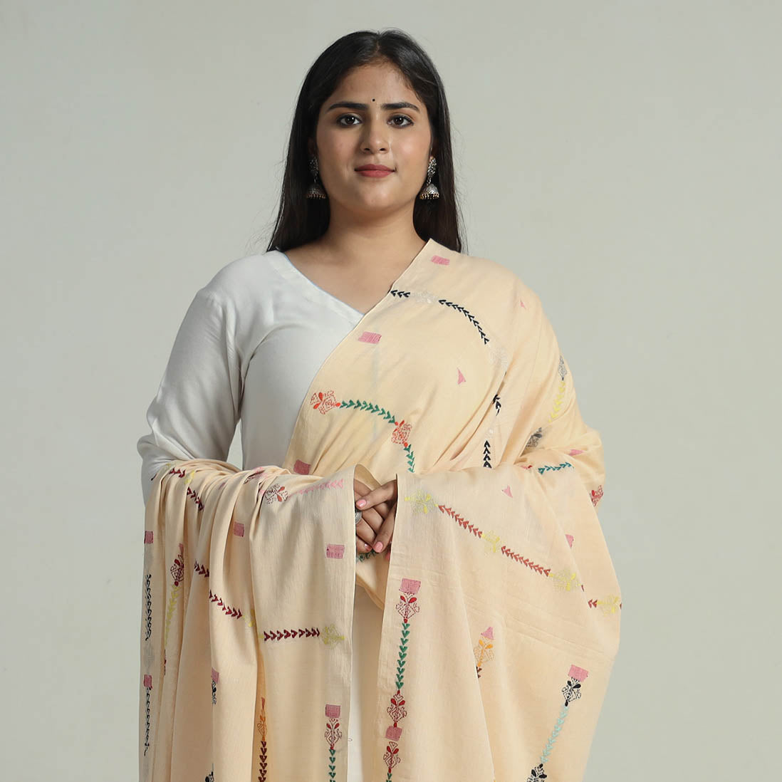 KHUSHBASH - HAPPY LOOM OF EAST Beige - Bengal Kantha Embroidery Silk Cotton Dupatta 05 - view 4