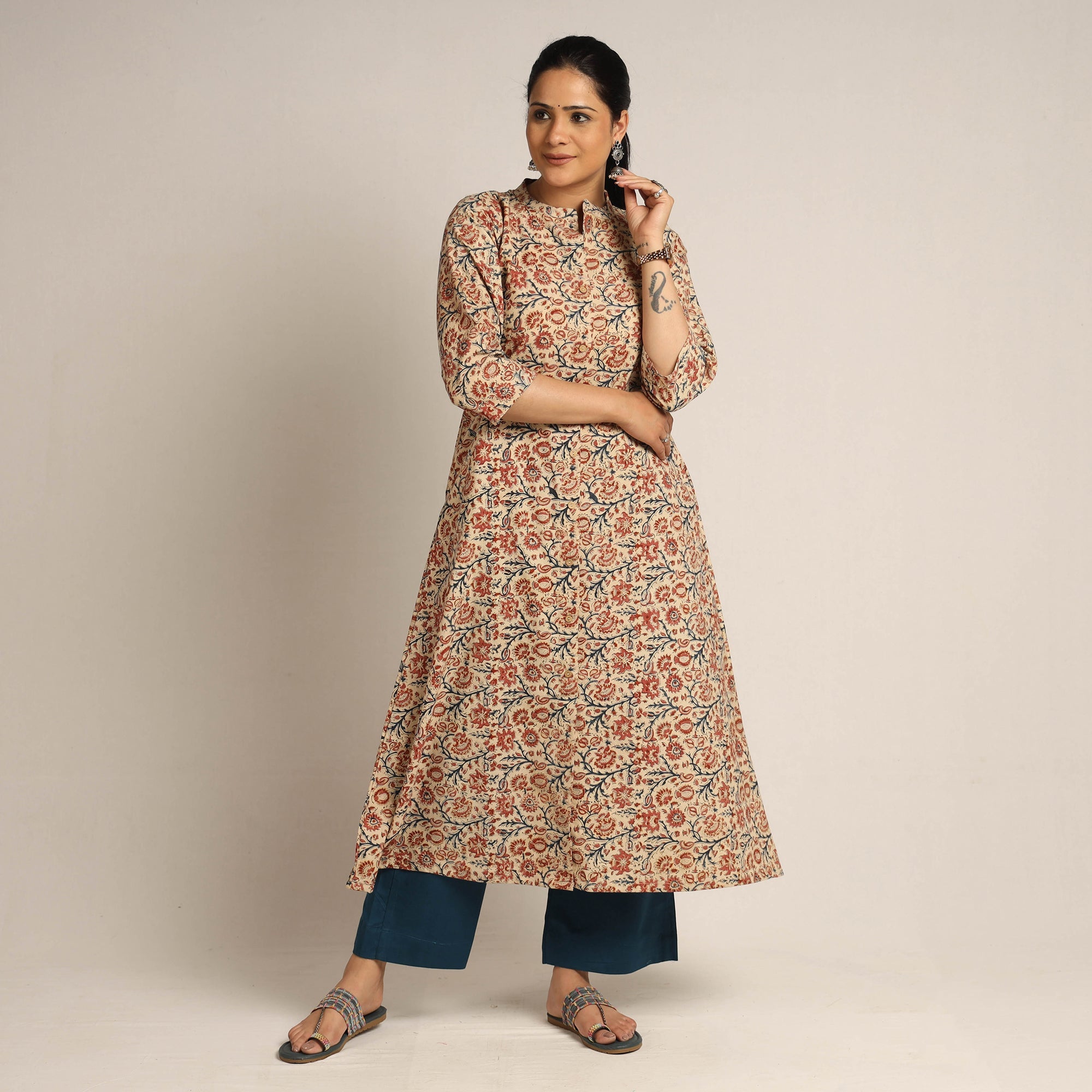 ITOKRI CASUALS Beige - Pedana Kalamkari Block Printed Cotton Kurta with Palazzo Set