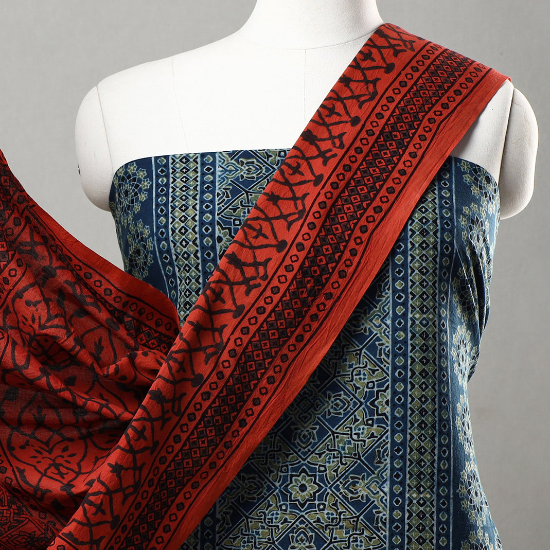 AJRAKH BY JABBAR KHATRI Blue - 3pc Ajrakh Block Printed Natural Dyed Cotton Suit Material Set 15 - view 3