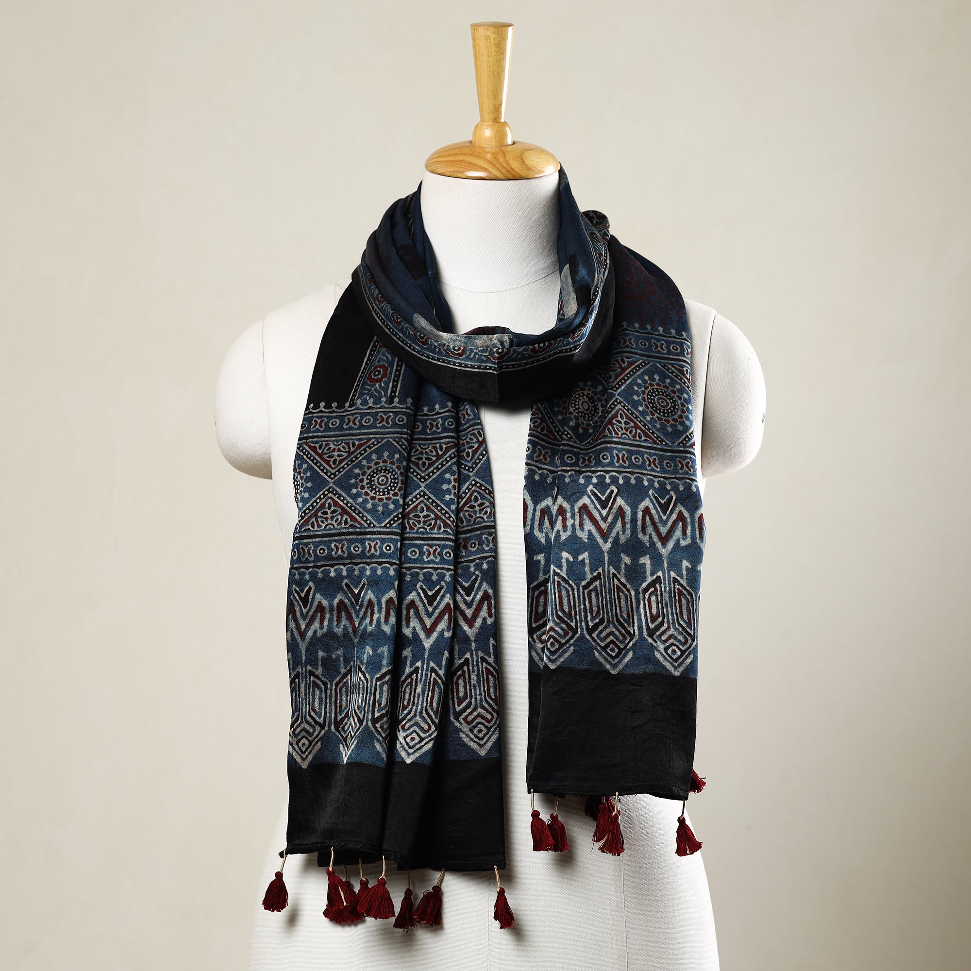 RIYAZ ABDULMAJID KHATRI - AJRAKH Blue - Ajrakh Block Printed Mashru Silk Stole with Tassels