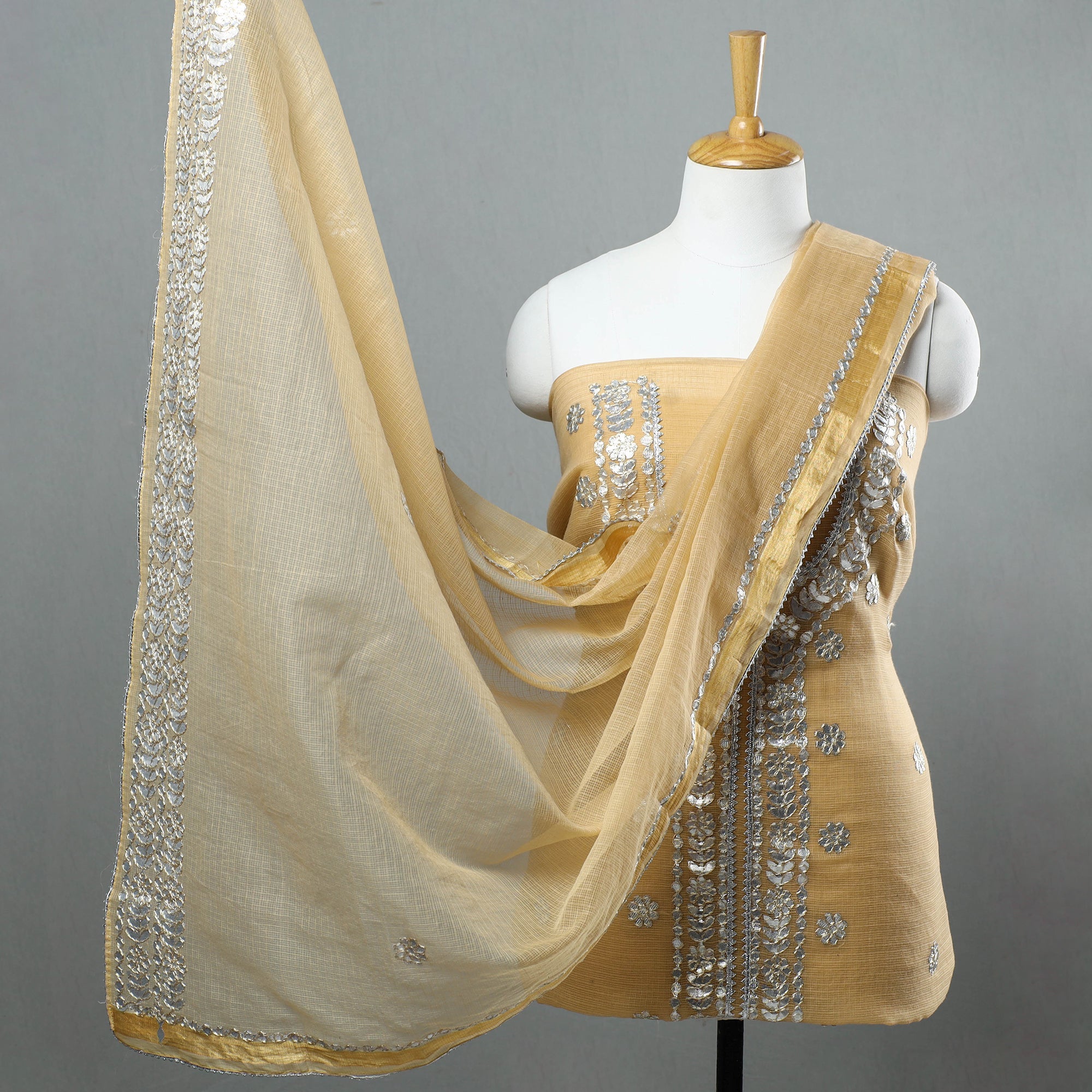 ITOKRI CRAFTS INITIATIVE Brown - 3pc Kota Doria Cotton Gota Patti Work Suit Material Set 01