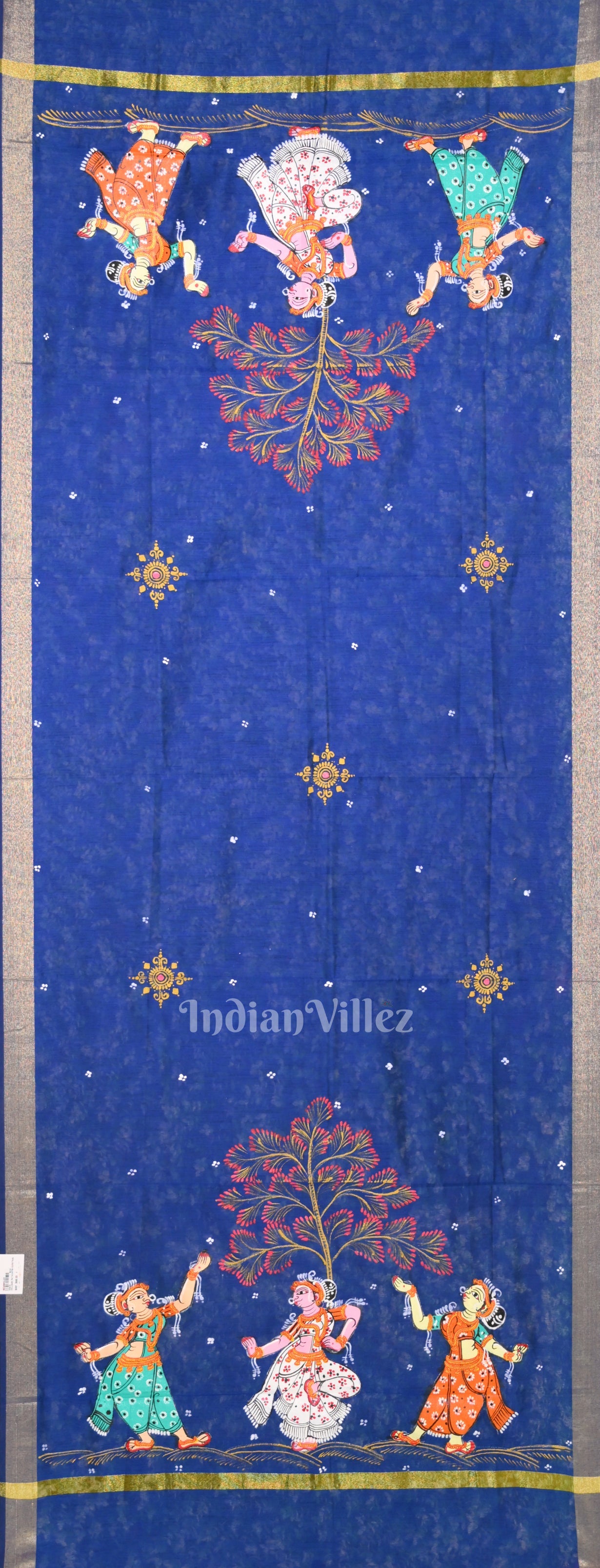 IndianVillèz Blue Nartaki Theme Hand-Painted Pattachitra Chanderi Dupatta