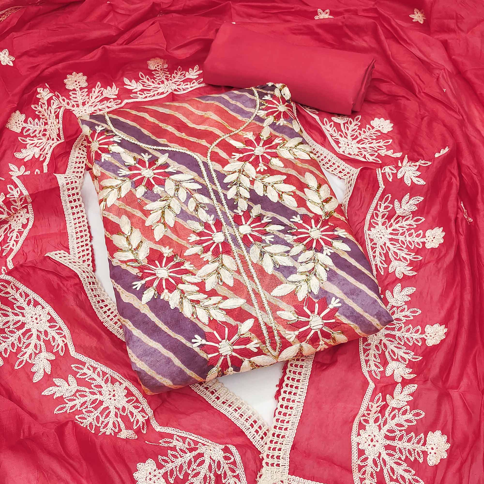 Peachmode Gajari Pink Floral Embroidery With Printed Cotton Roman Silk Dress Material
