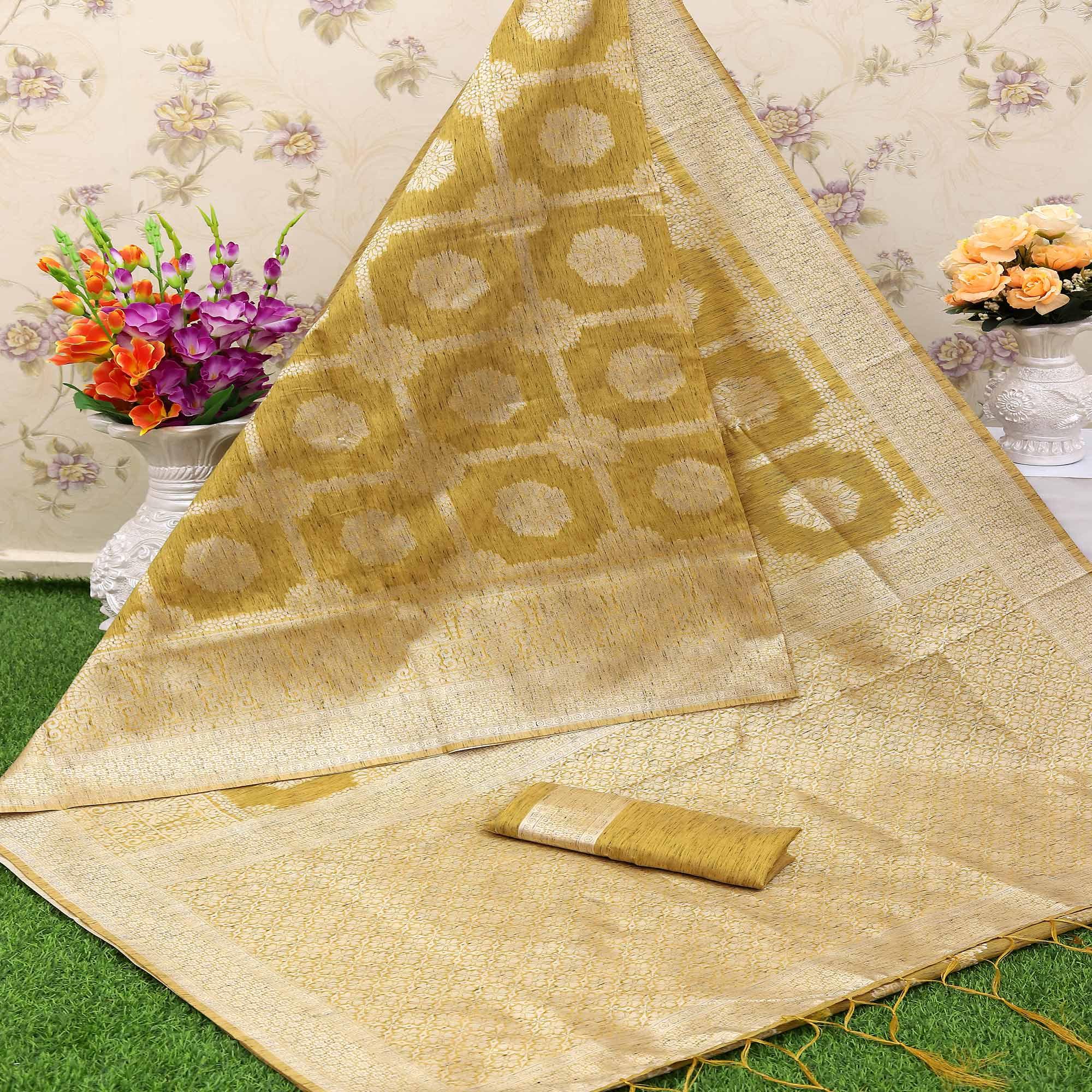 Peachmode Majesty Mehendi Green Colored Festive Wear Woven Banarasi Cotton Saree