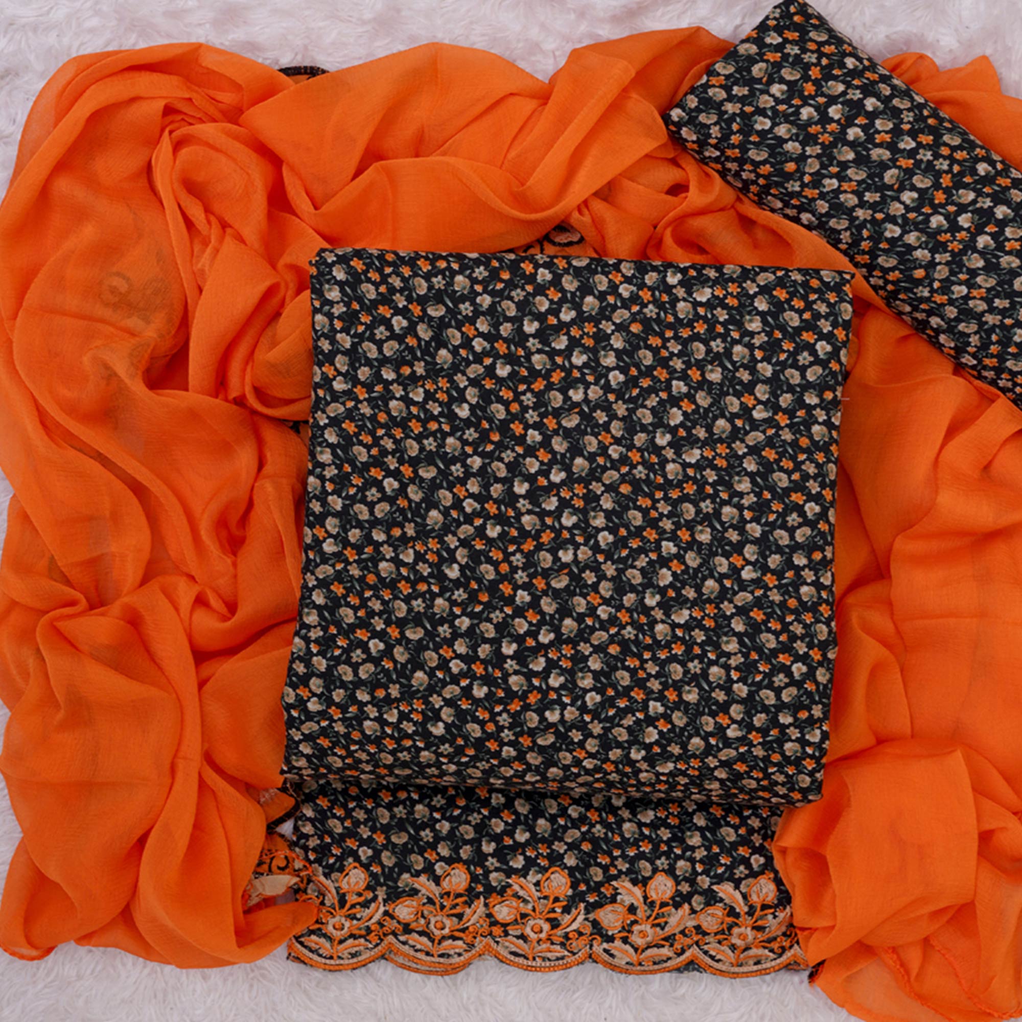 Peachmode Black Floral Printed With Embroidery Cotton Silk Dress Material