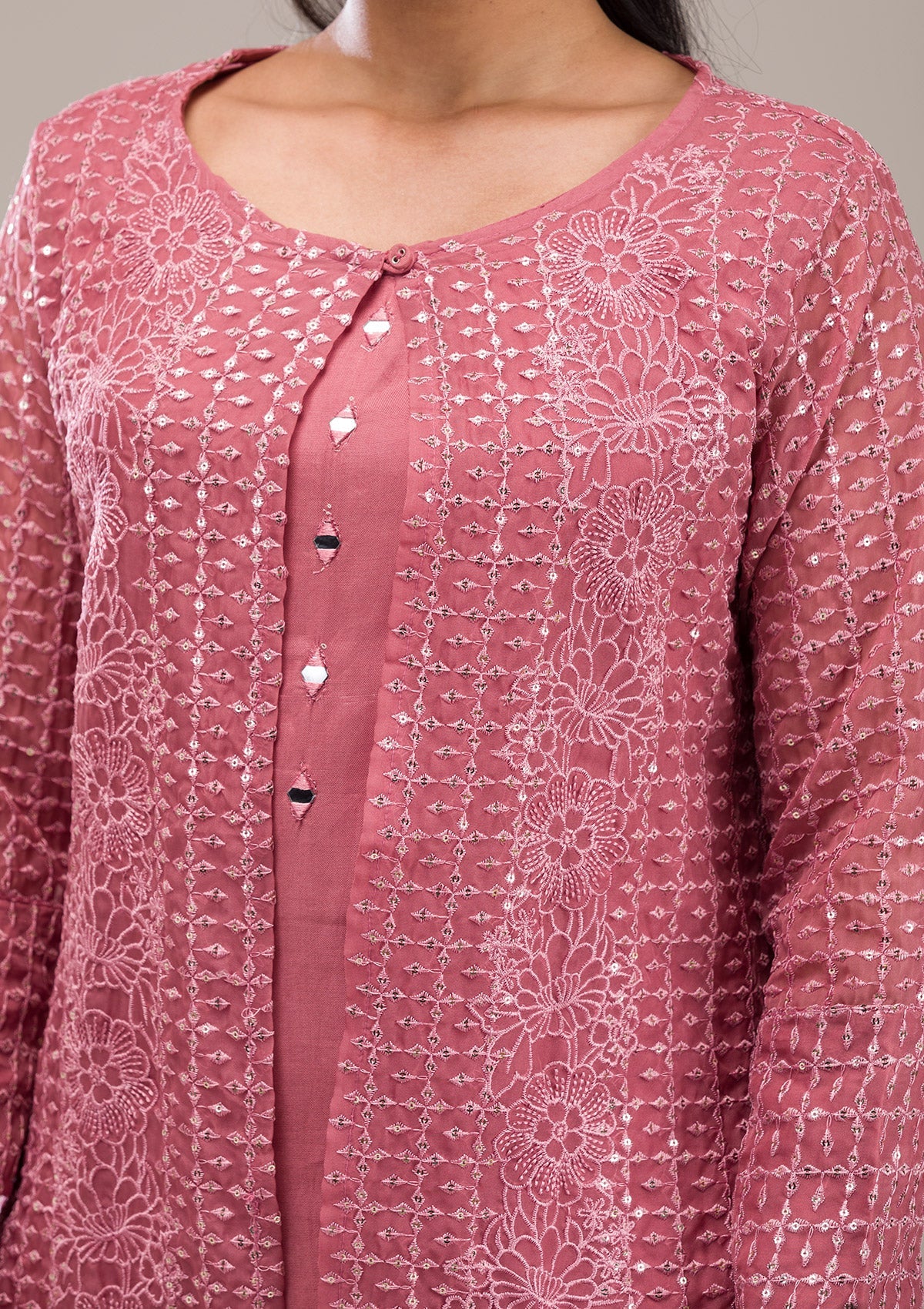 Koskii Onion Pink Threadwork Georgette Readymade Salwar Suit - view 5