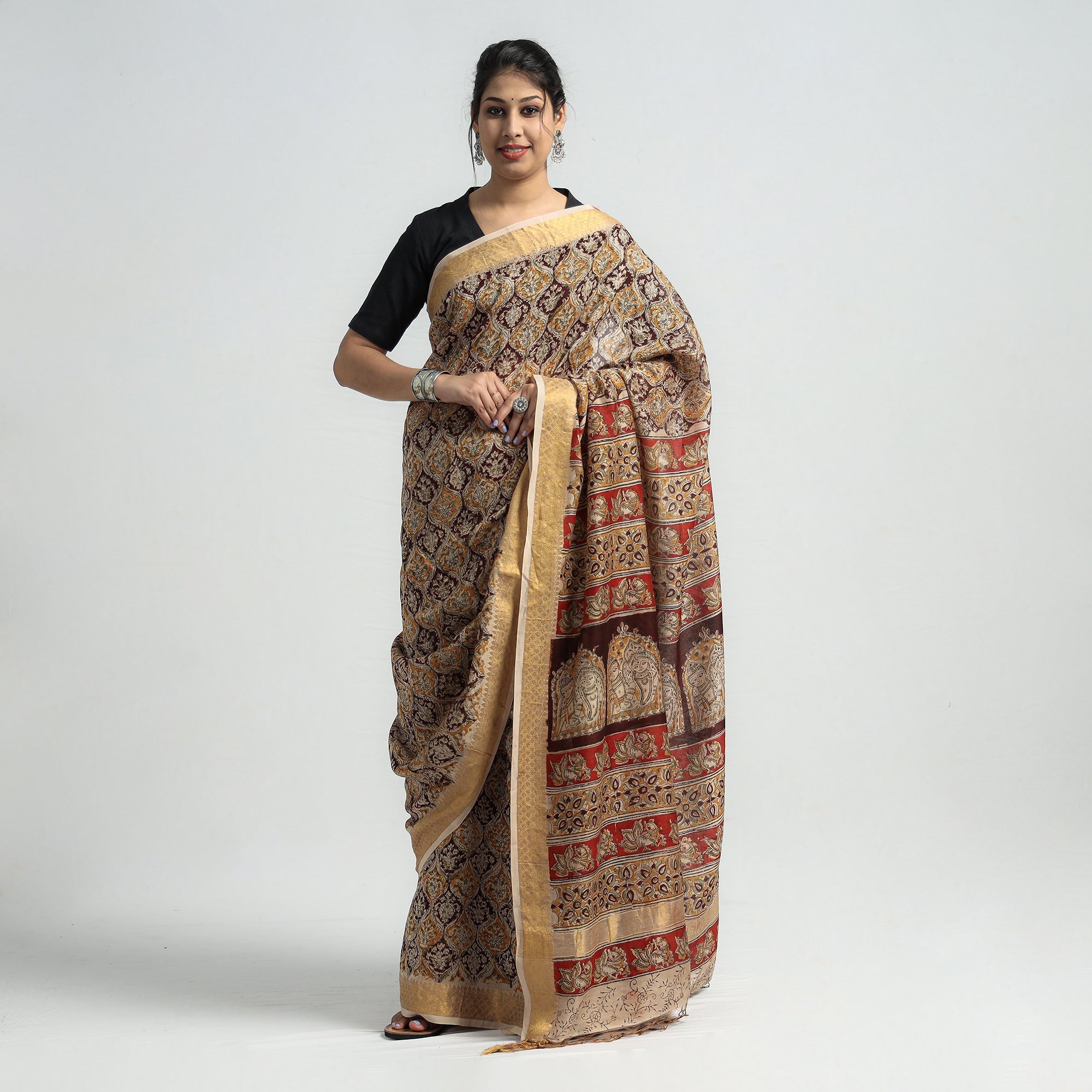 VENKATA BHANU KALAMKARI PEDANA Brown - Original Pedana Kalamkari Block Print Silk Saree