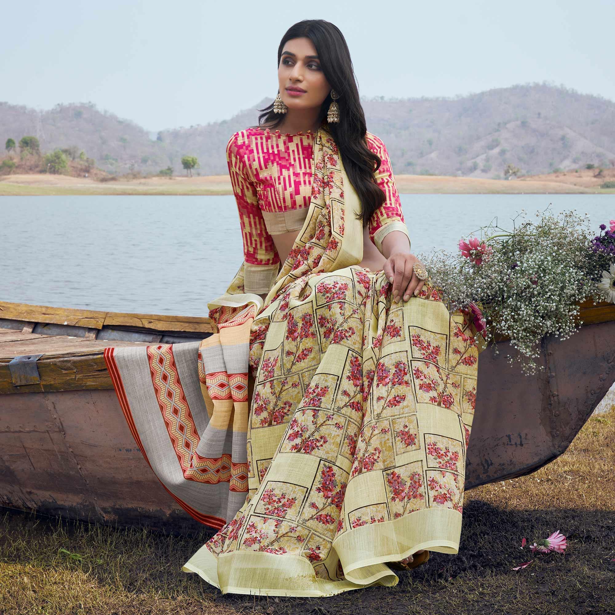 Peachmode Cream Digital Printed Linen Saree – Women's