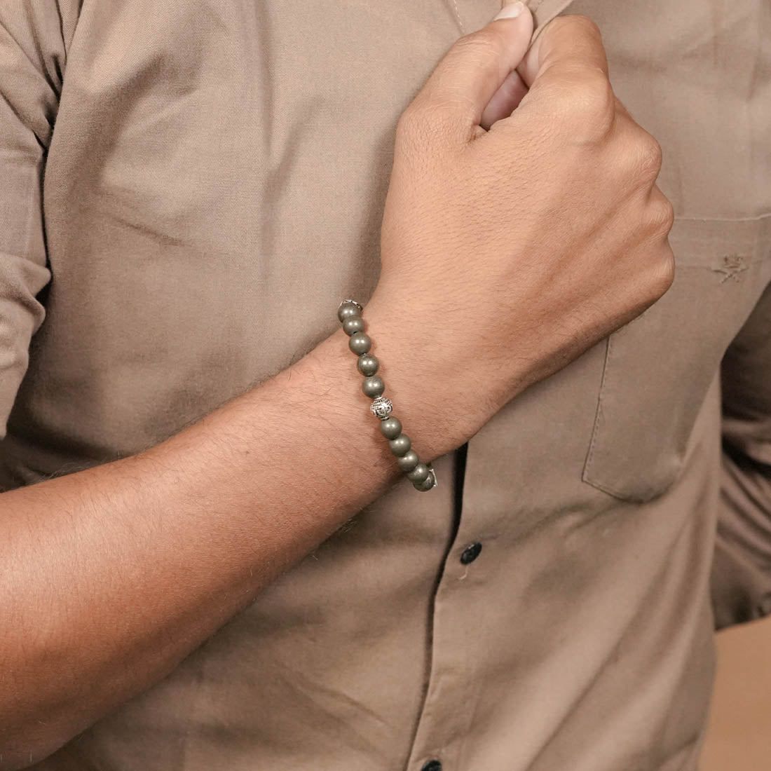Prinjal Jewellers Pyrite Stone with Om Silver Beads Bracelet - view 3