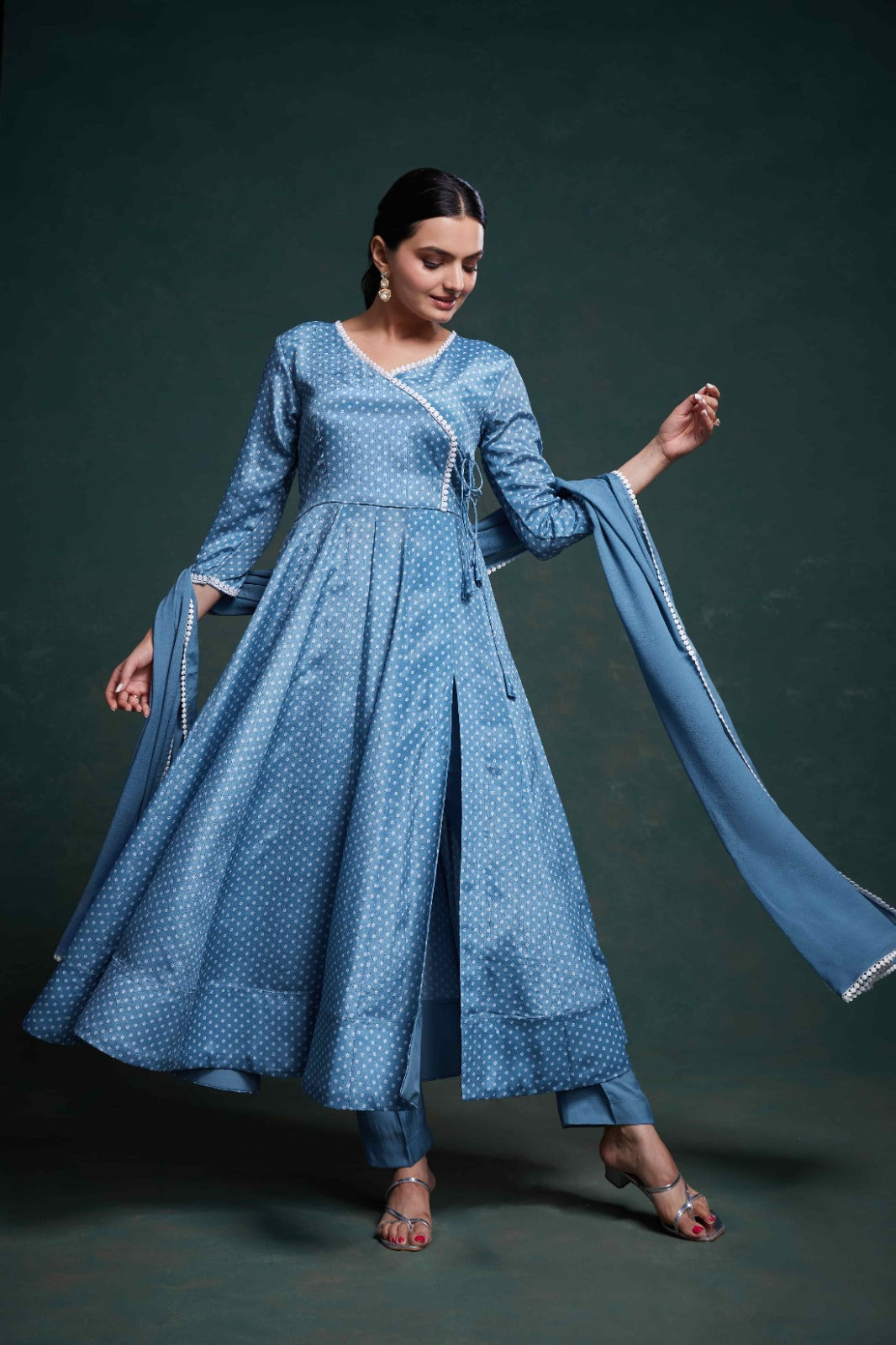 ClothsVilla Blue Chinon Silk Dress with Printed Work – Ready to Wear