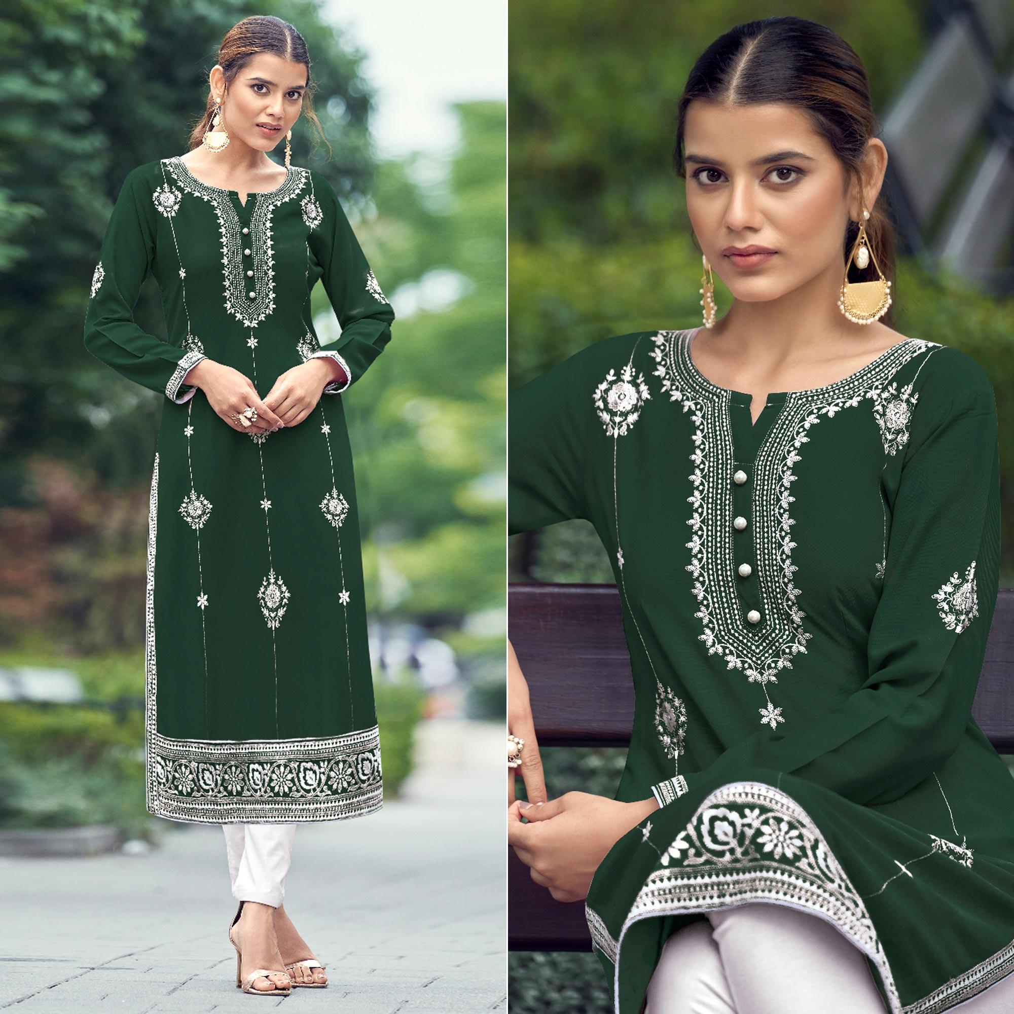 Peachmode Bottle Green Floral Embroidered Rayon Kurti