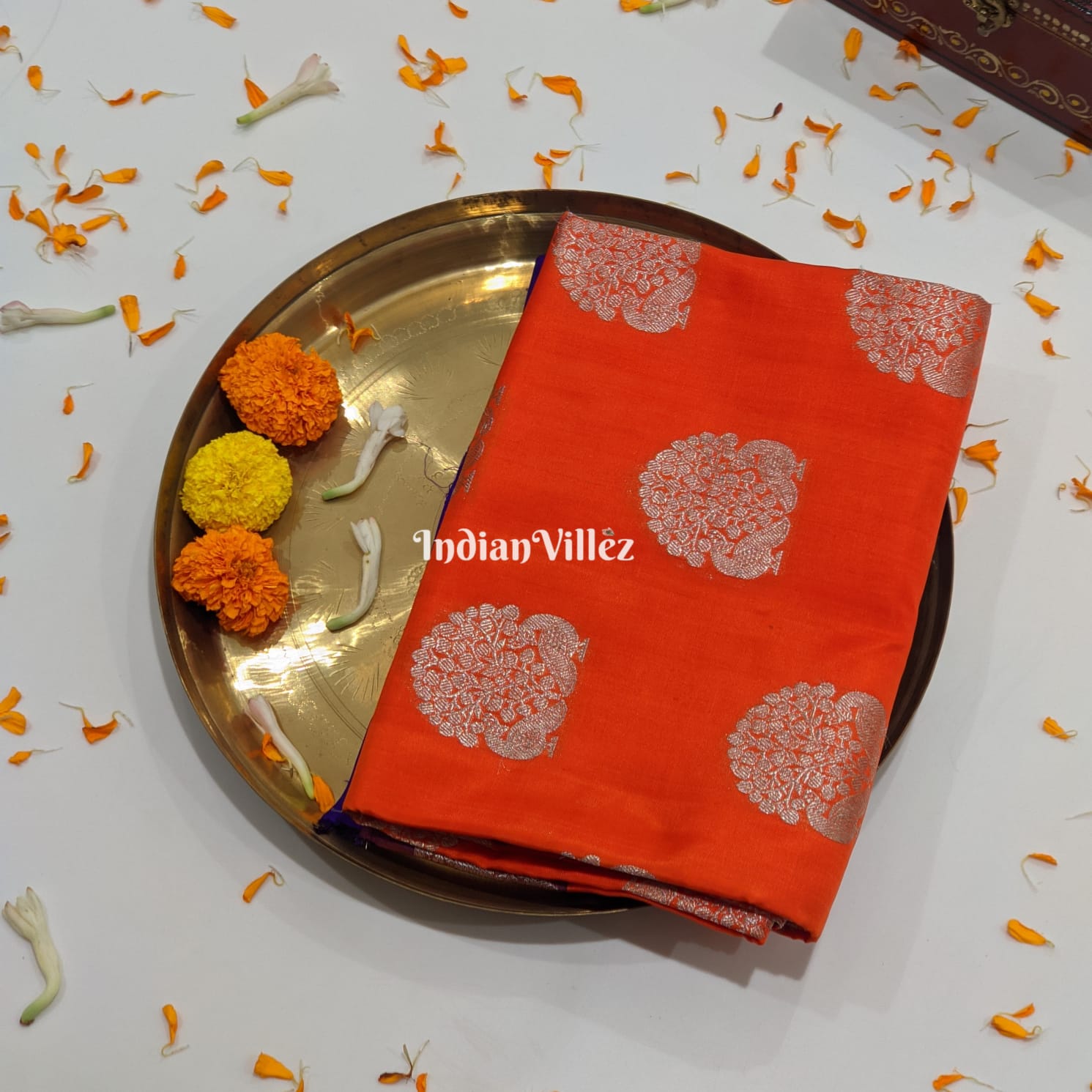 IndianVillèz Scarlet Orange South Handloom Venkatagiri Silk Saree
