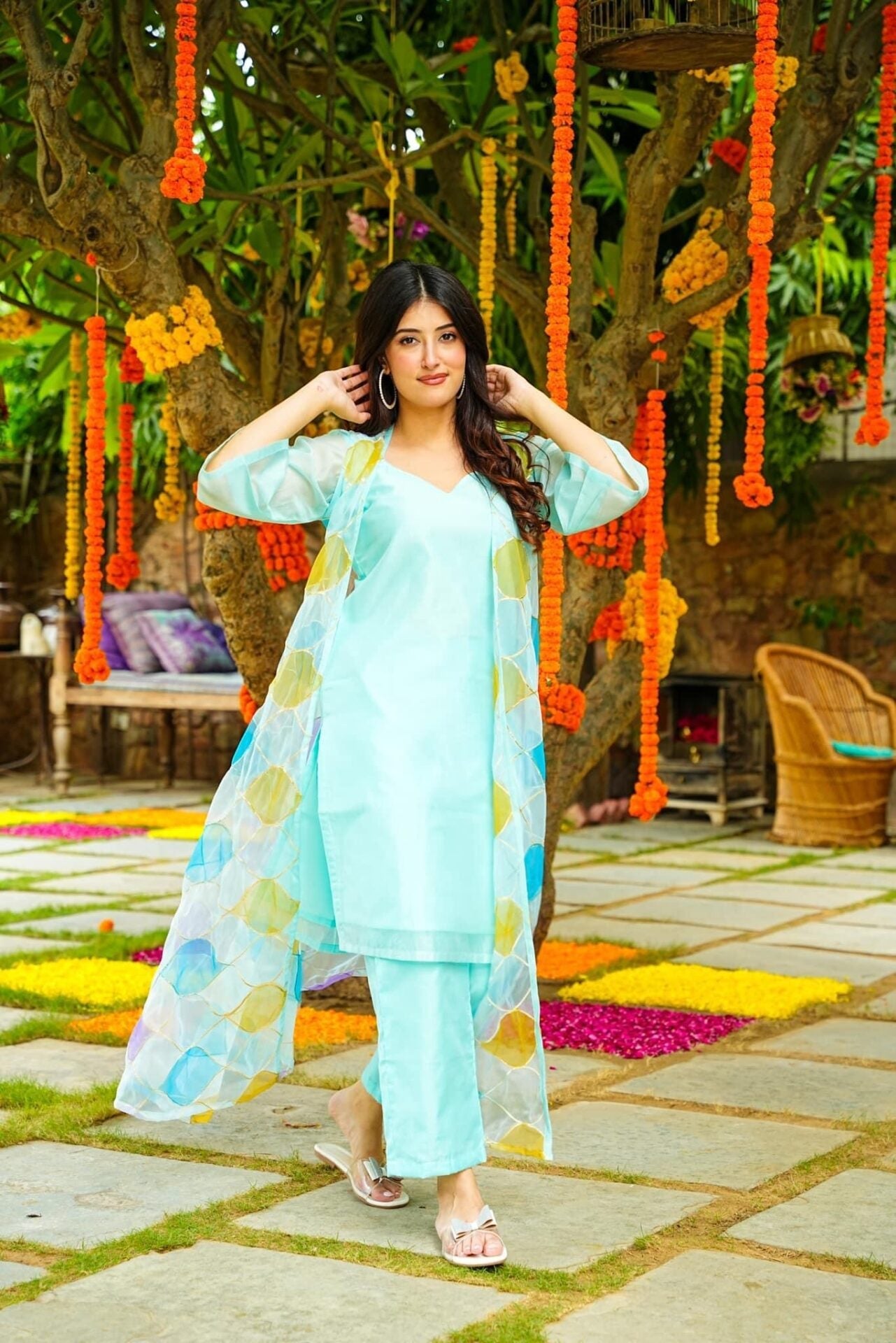 Idaho-o Crystal blue kurta jacket set - view 2