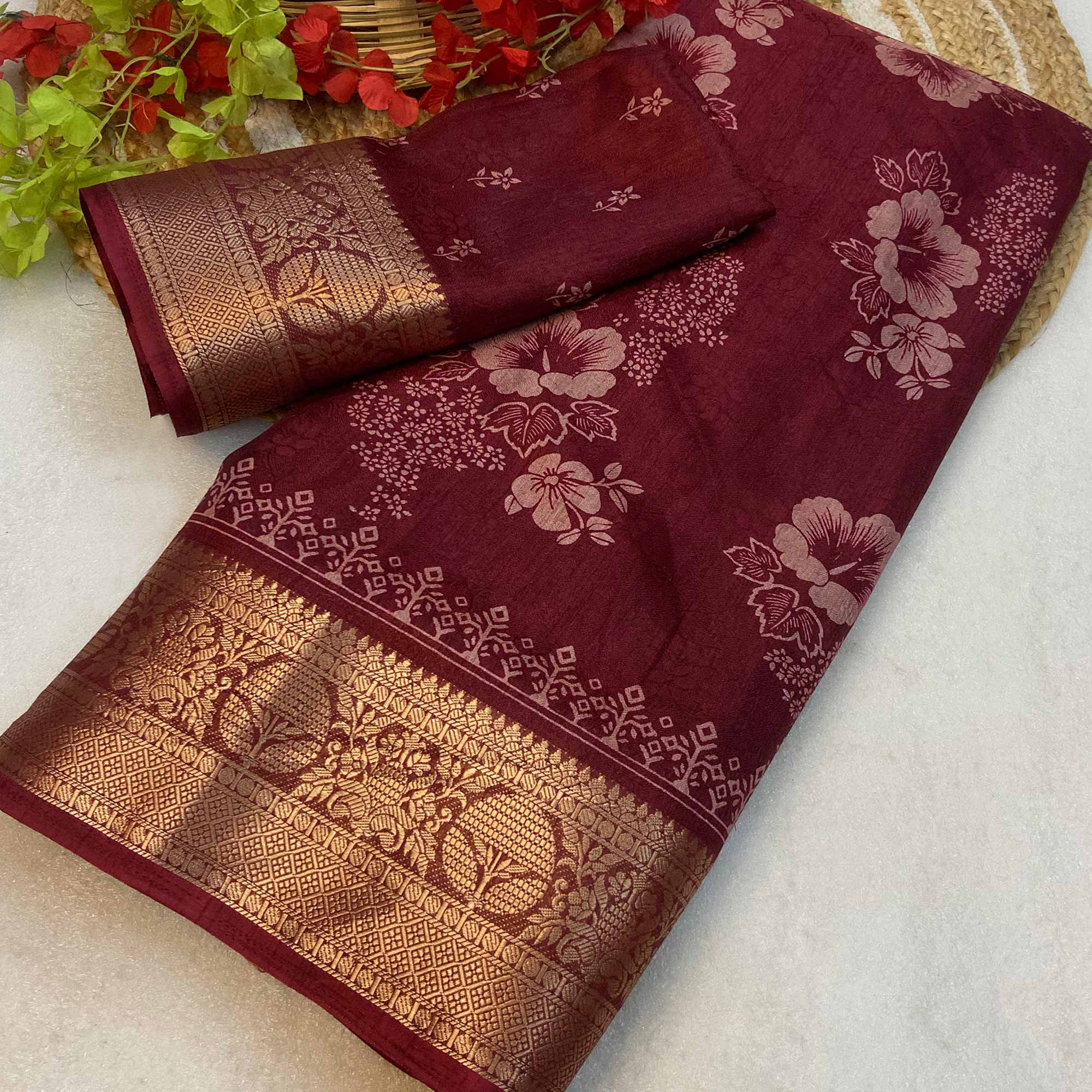 Peachmode Maroon Floral Printed Moss Art Silk Saree With Woven Border
