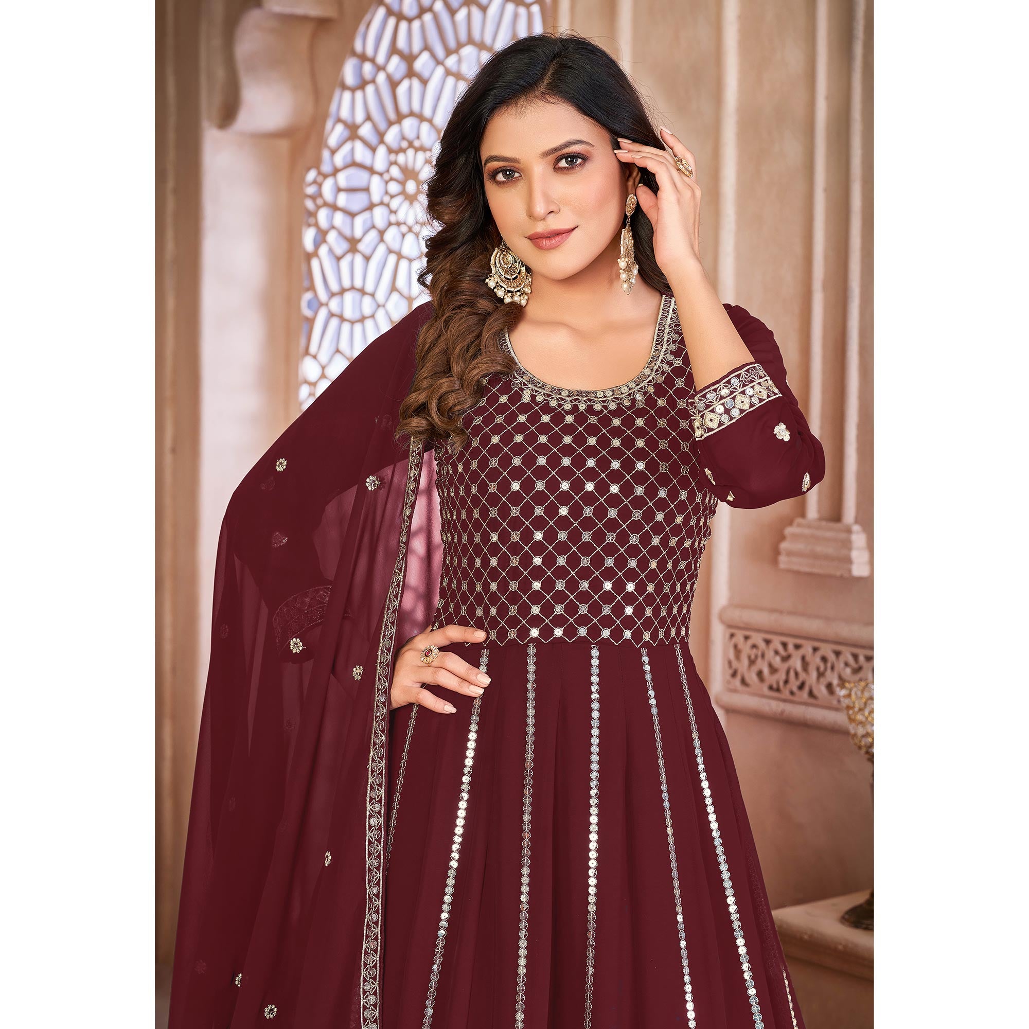 Peachmode Maroon Floral Sequins Embroidered Georgette Semi Stitched Anarkali Suit - view 5