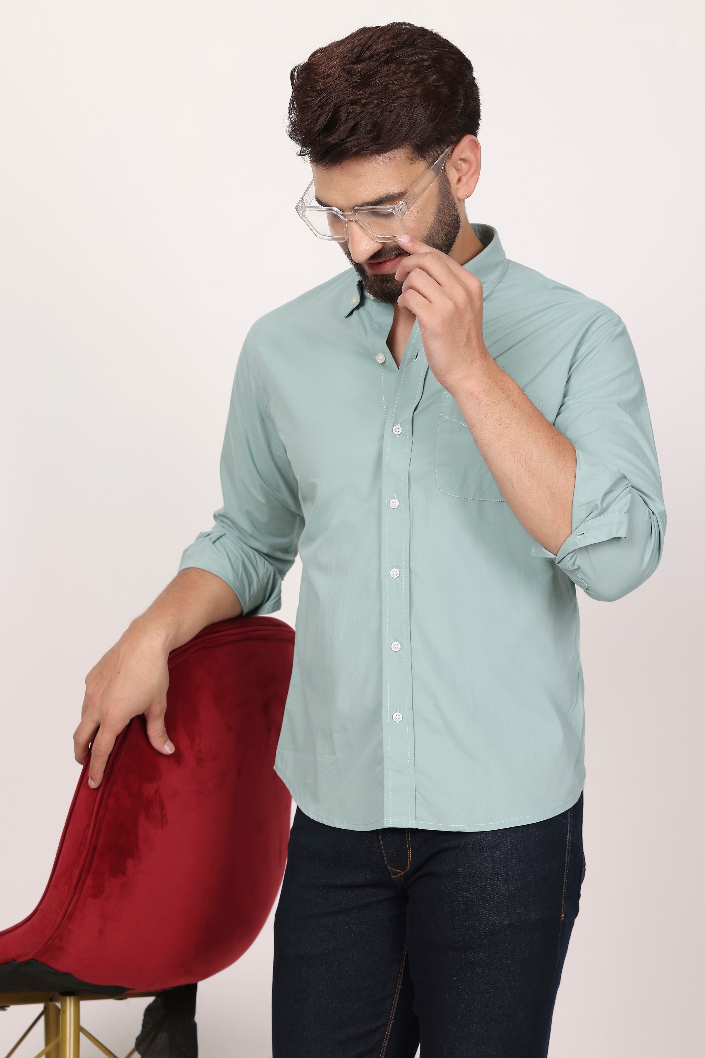 BlackTree New Green Down Button Casual Shirt I 100% Cotton Twill - view 5