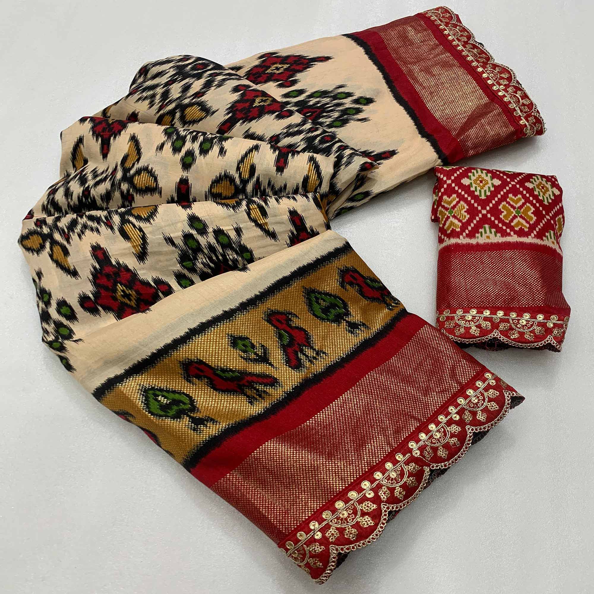 Peachmode Cream Ikkat Printed Dola Silk Saree With Sequins Embroidery Border