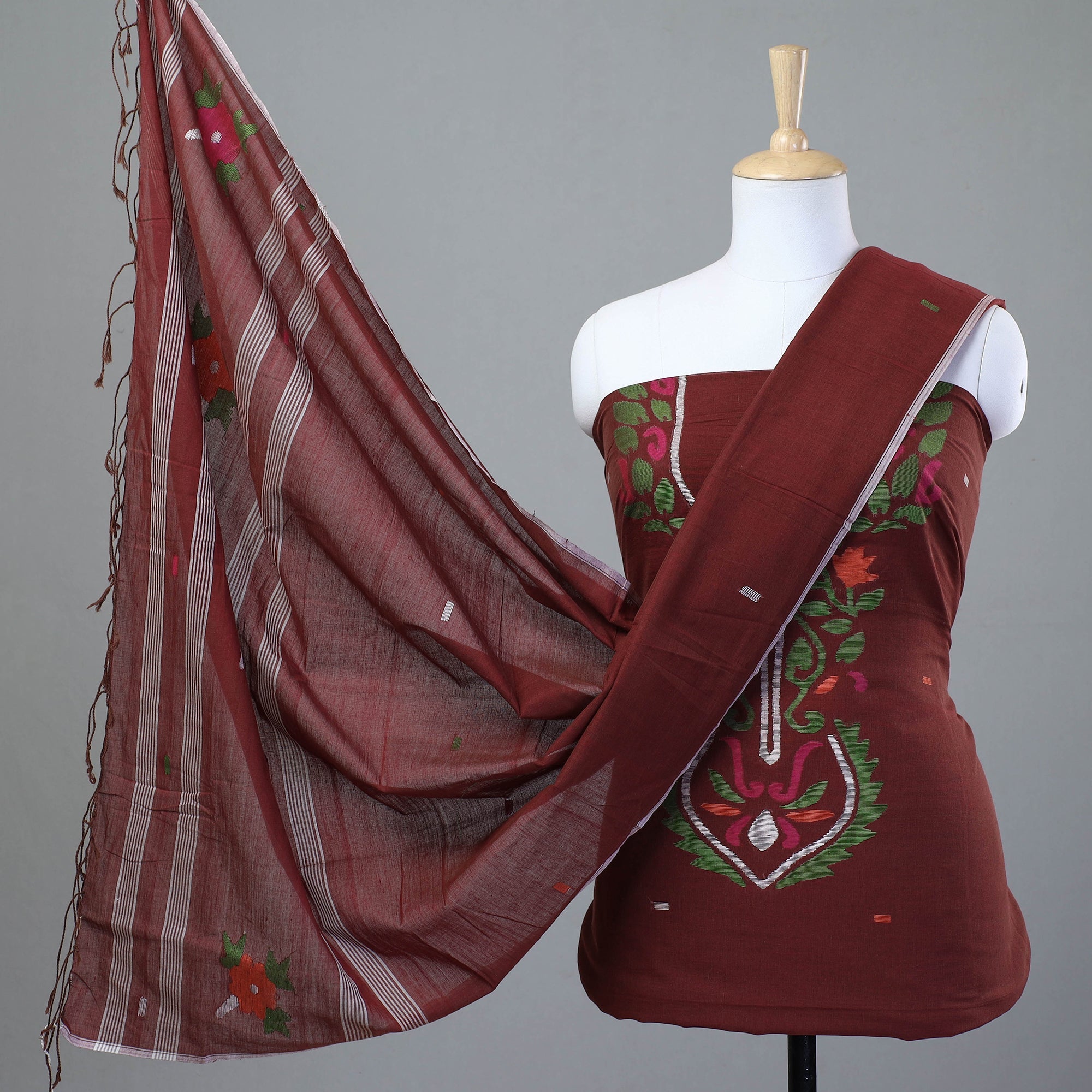 KHUSHBASH - HAPPY LOOM OF EAST Brown - 2pc Phulia Jamdani Weave Handloom Cotton Suit Material Set