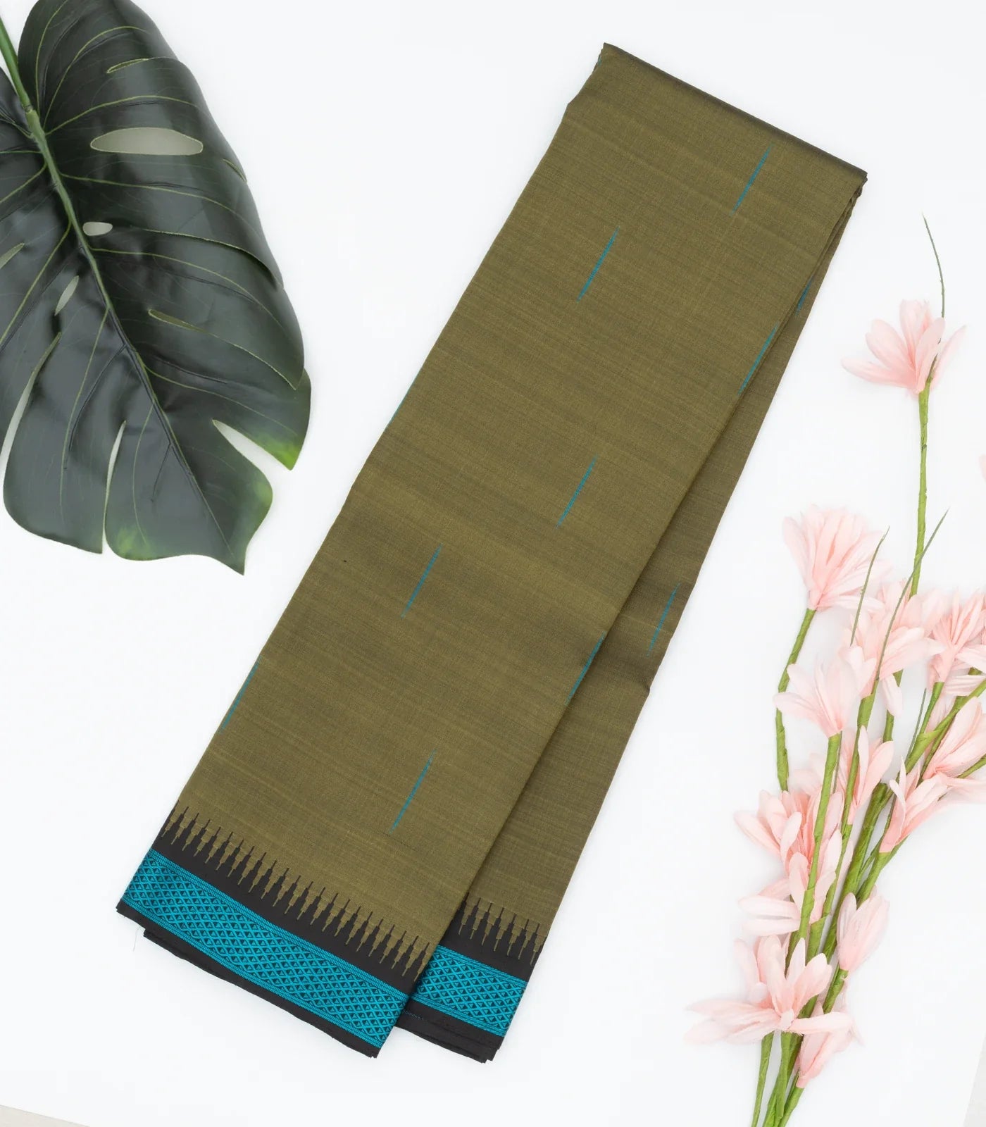 RmKV Dark Olive Handloom Kanchipuram Korvai Silk Saree With Raindrop Buttas