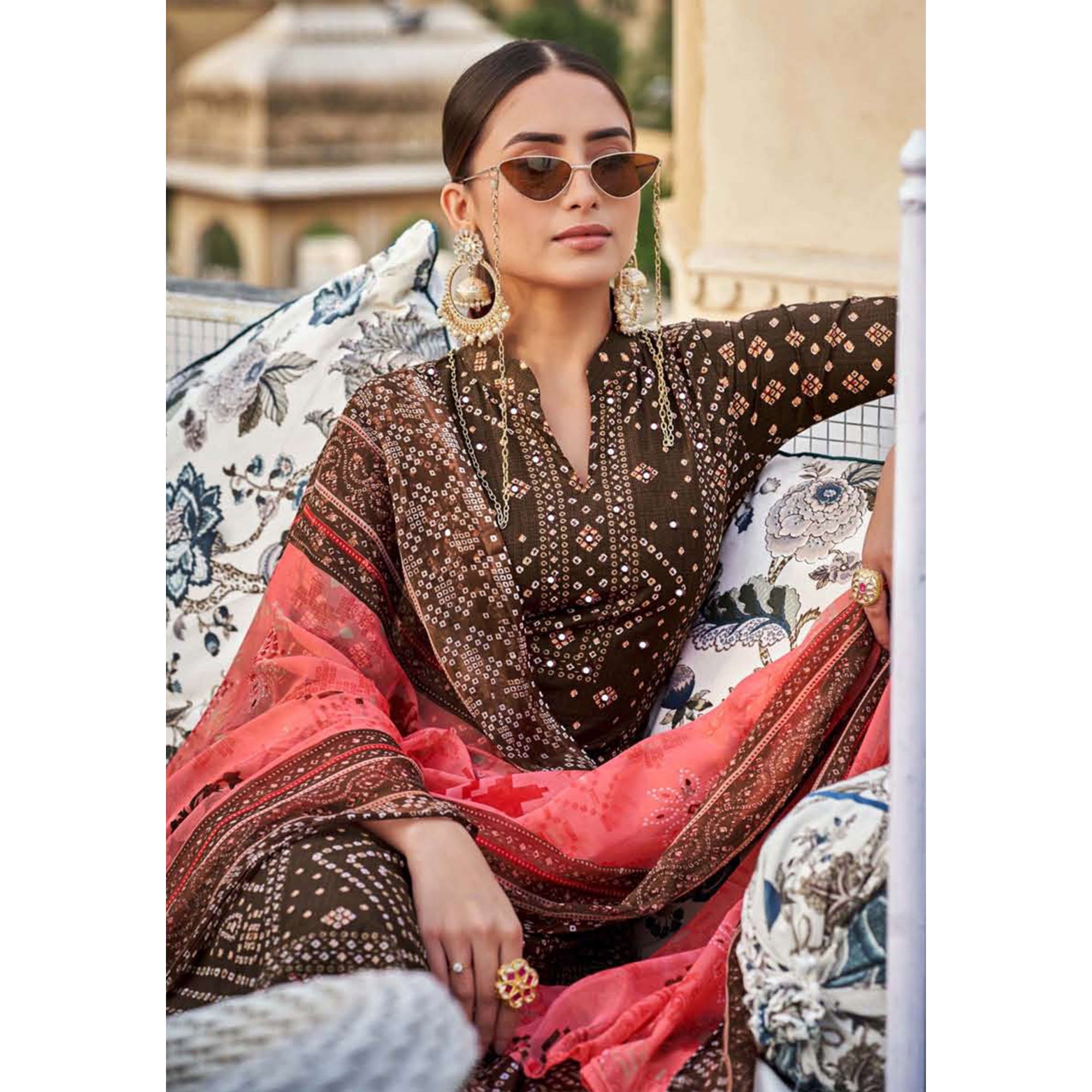 Peachmode Brown Printed Pure Cotton Suit - view 3