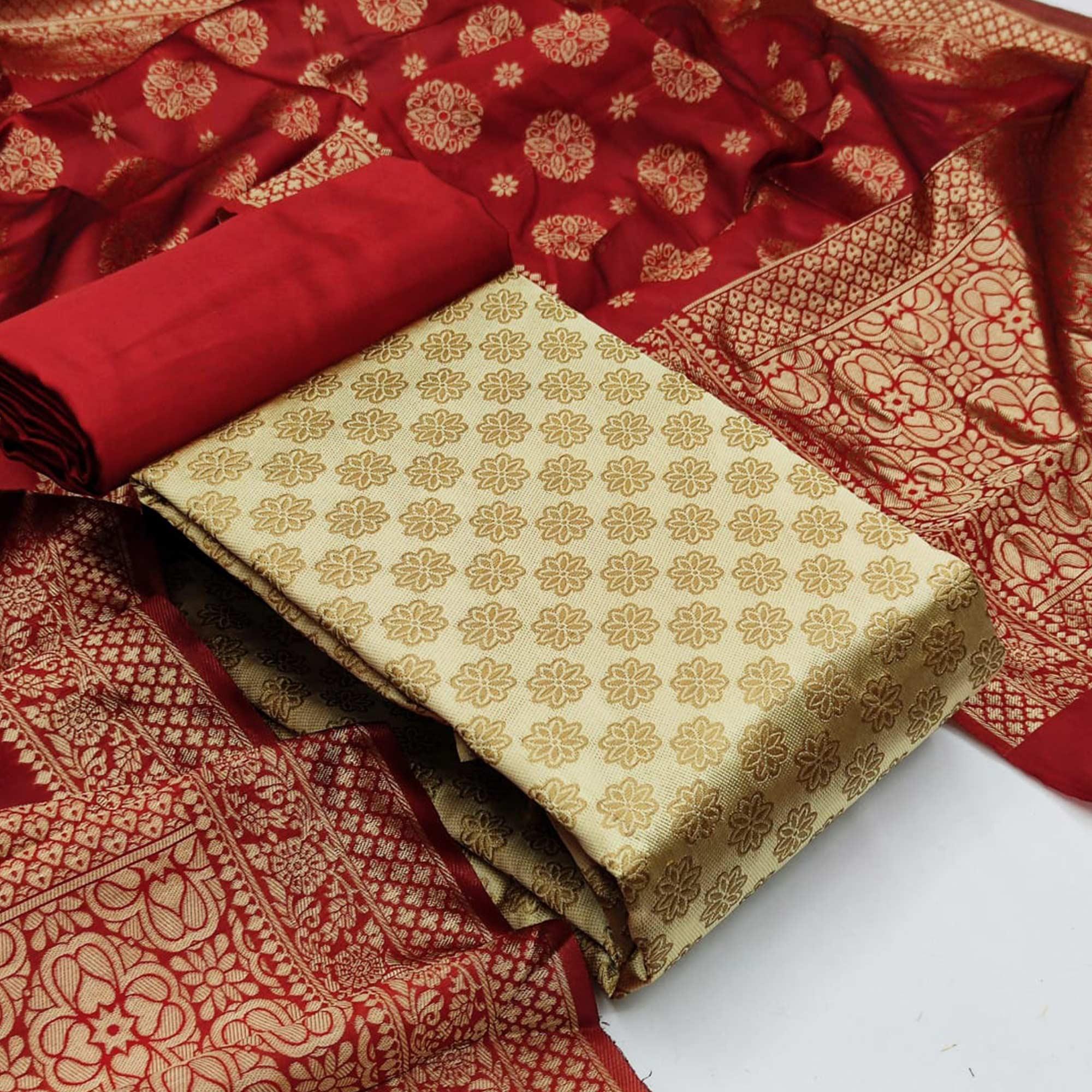 Peachmode Chiku Festive Wear Woven Banarasi Silk Dress Material