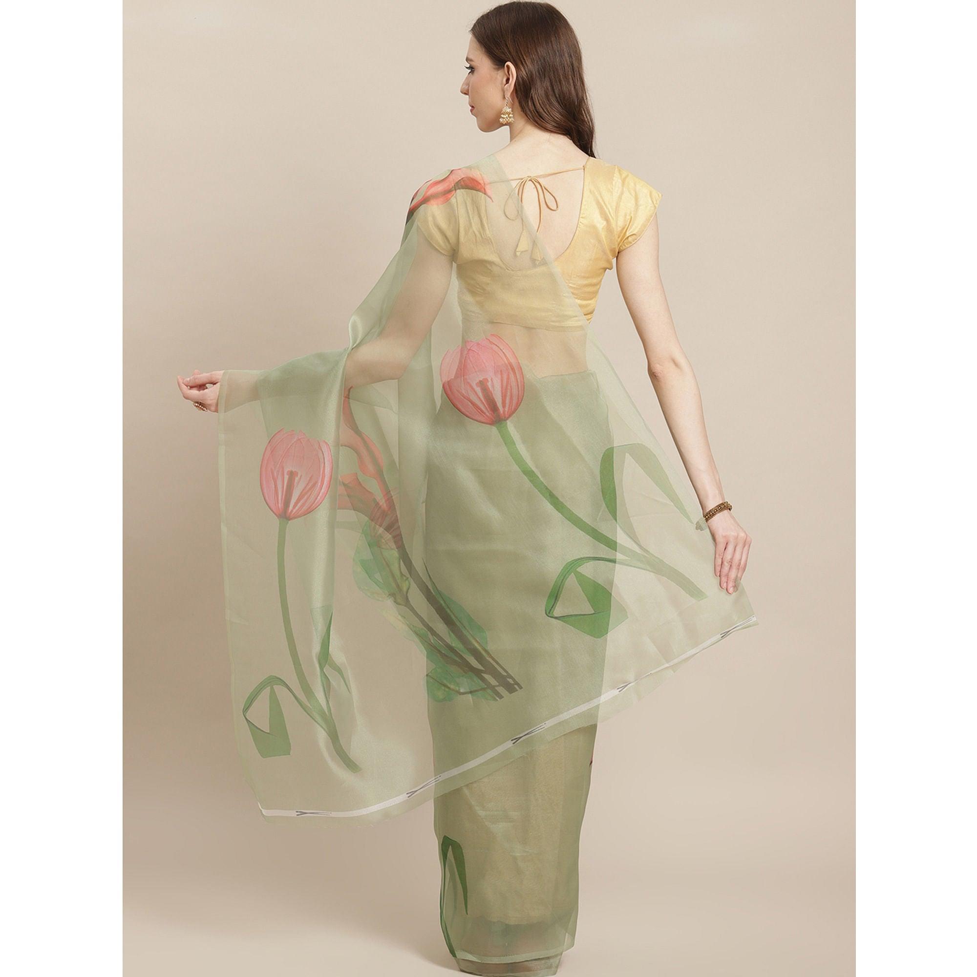 Peachmode Eye-catching Pastel Green Colored Casual Wear Printed Organza Saree - view 3