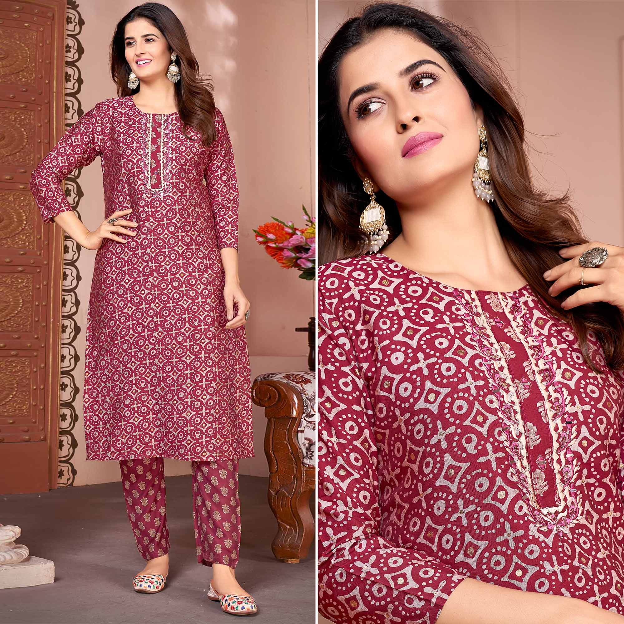Peachmode Seller Magenta Foil Printed Viscose Straight Kurti Sets