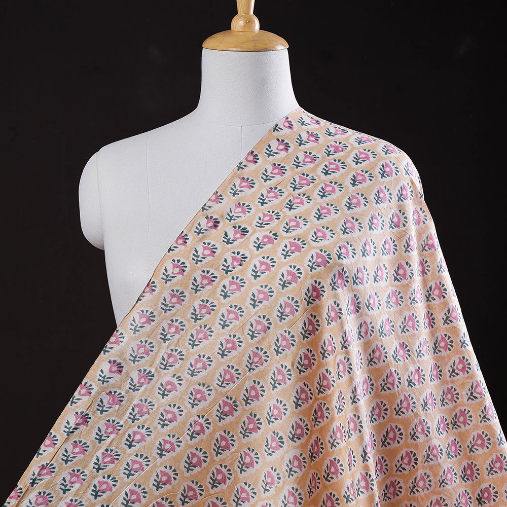 KUSUMLATA Beige - Pink Florets Sanganeri Block Printed Handloom Chanderi Silk Fabric