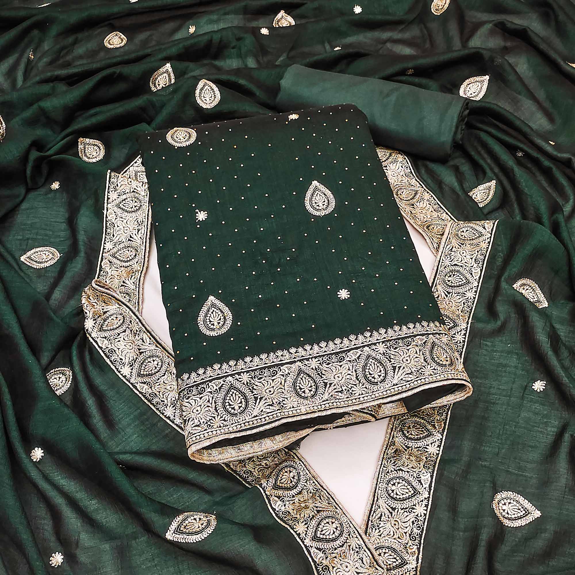 Peachmode Bottle Green Embroidered Vichitra Silk Dress Material