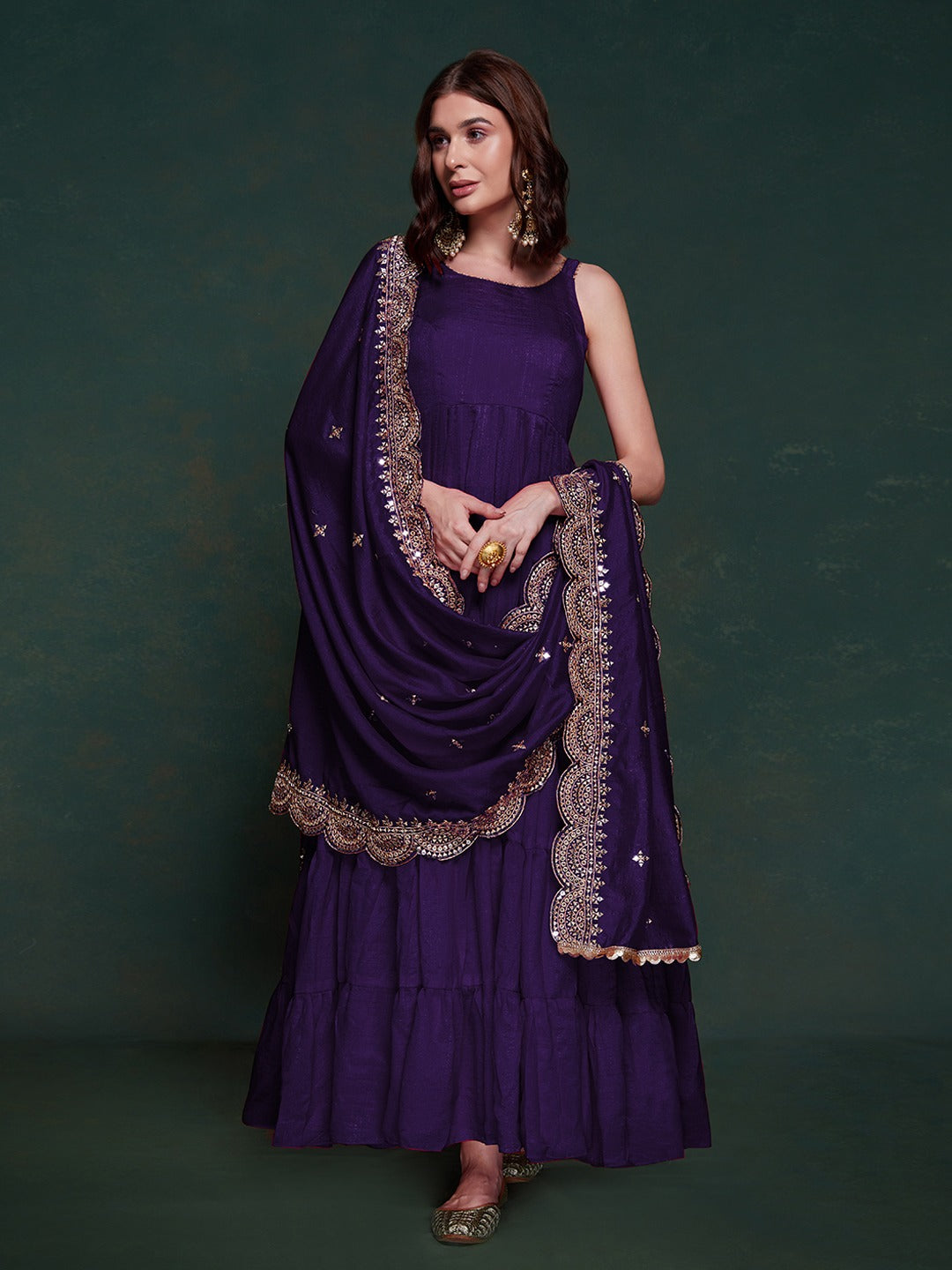 ClothsVilla Purple Silk Gown with Sequins and Zari Embellishments - view 3