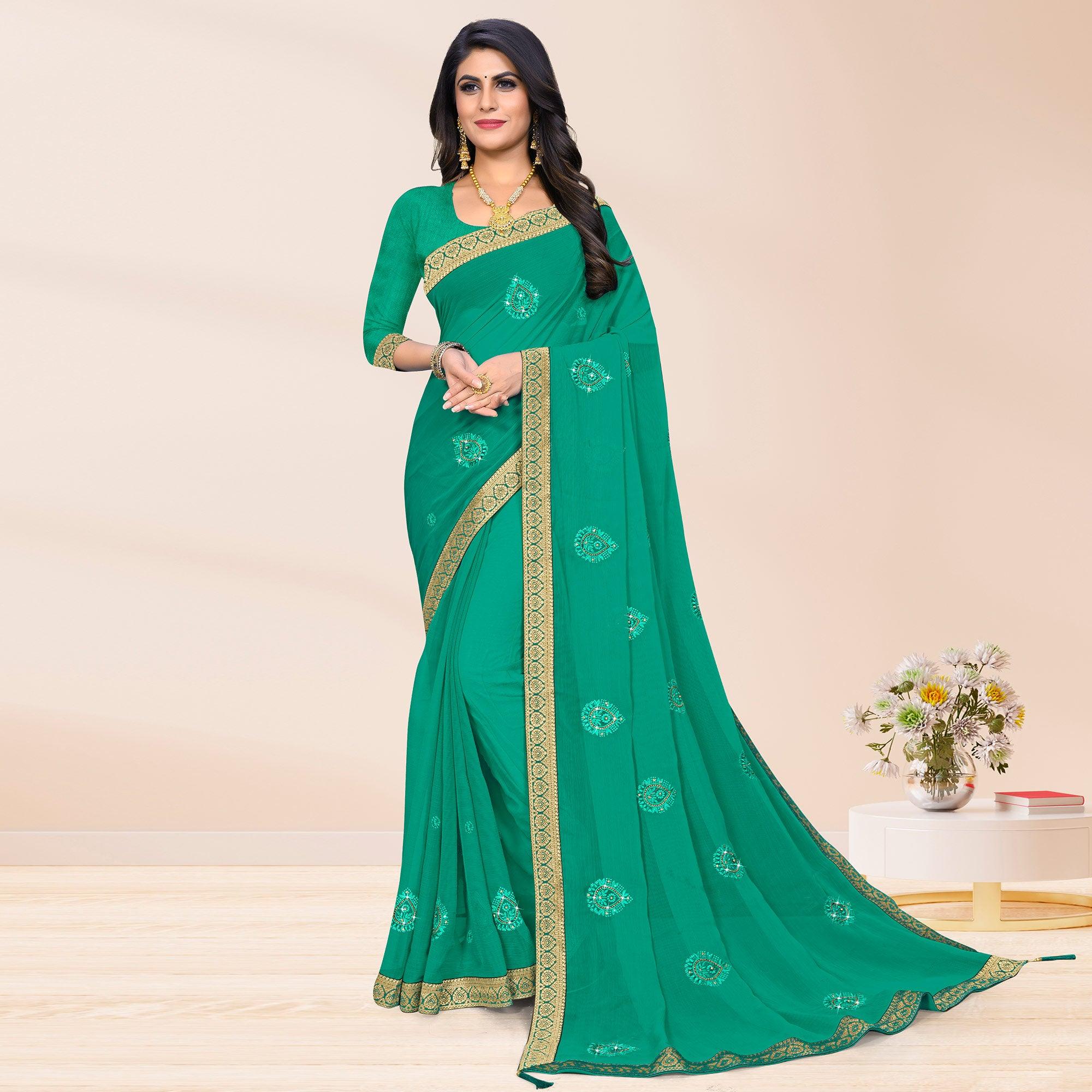 Green sarees – BlackTree green-embroidered-chiffon-saree – Women's