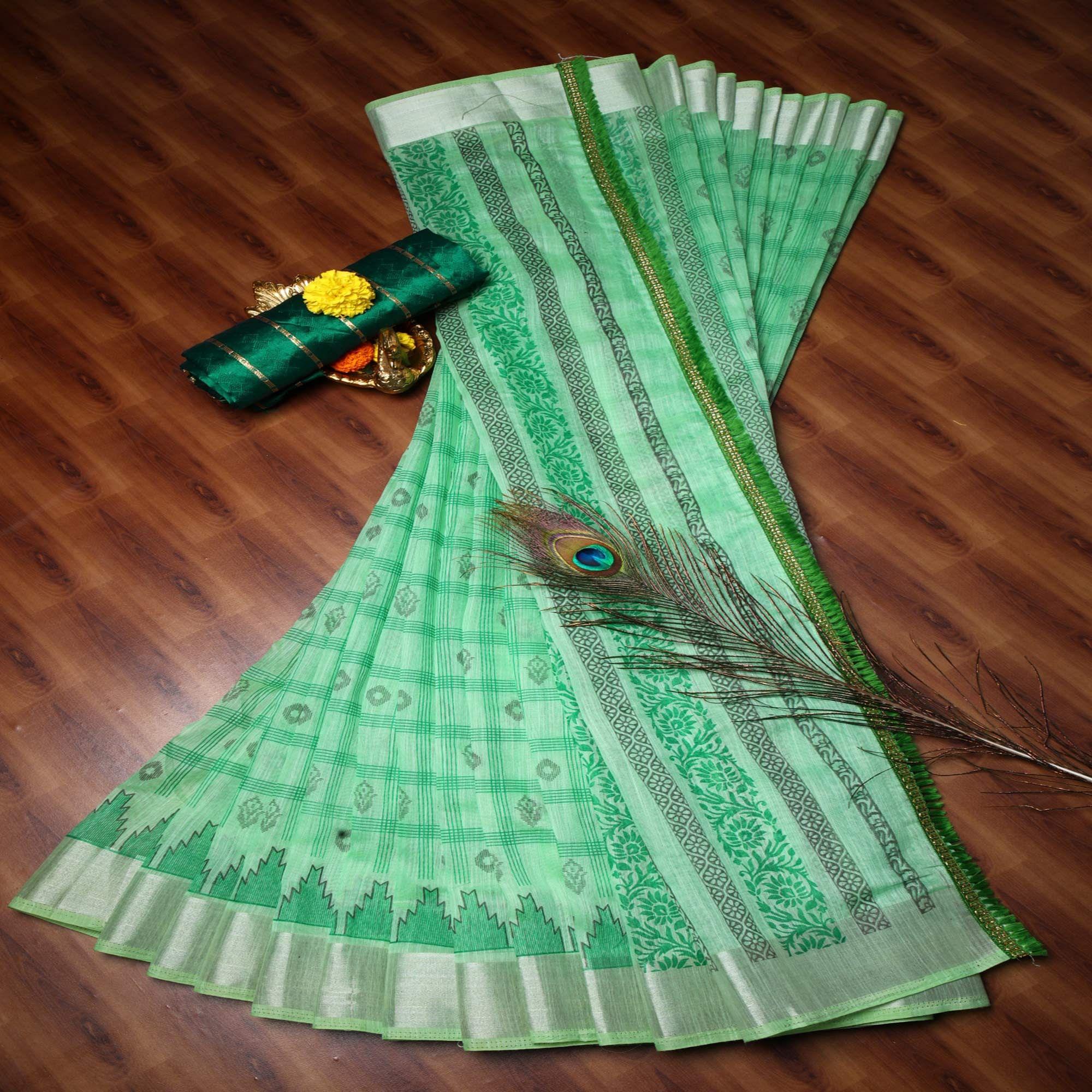 Peachmode Engrossing Parrot Green Colored Casual Wear Printed Cotton Saree