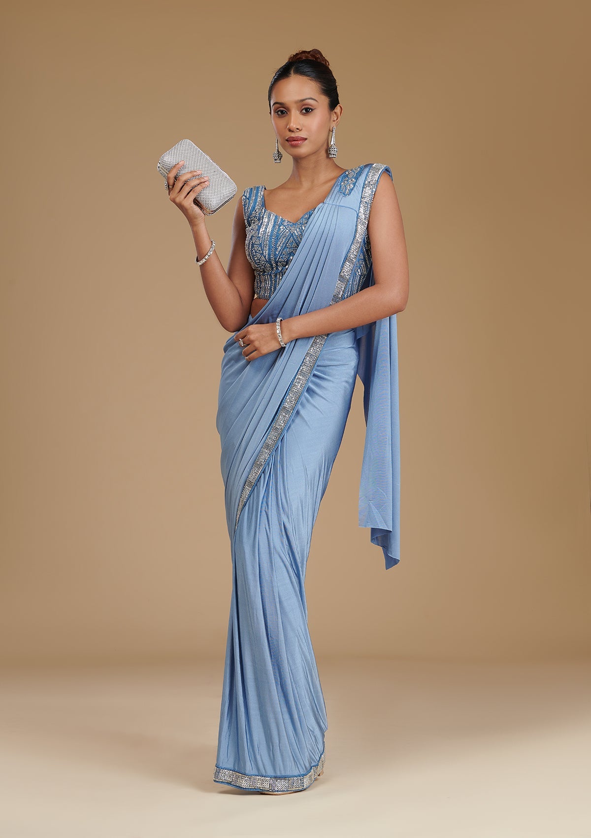 Koskii Grey Sequins Satin Readymade Saree – Women's