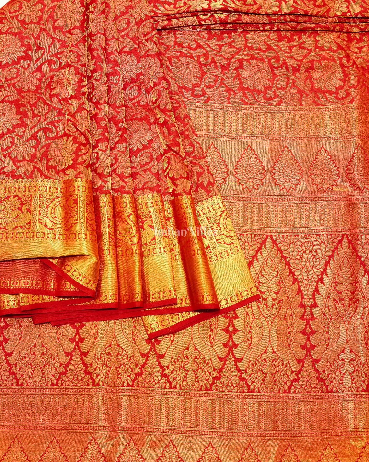 IndianVillèz Red Golden Body Design Pure Kanjivaram Silk Saree