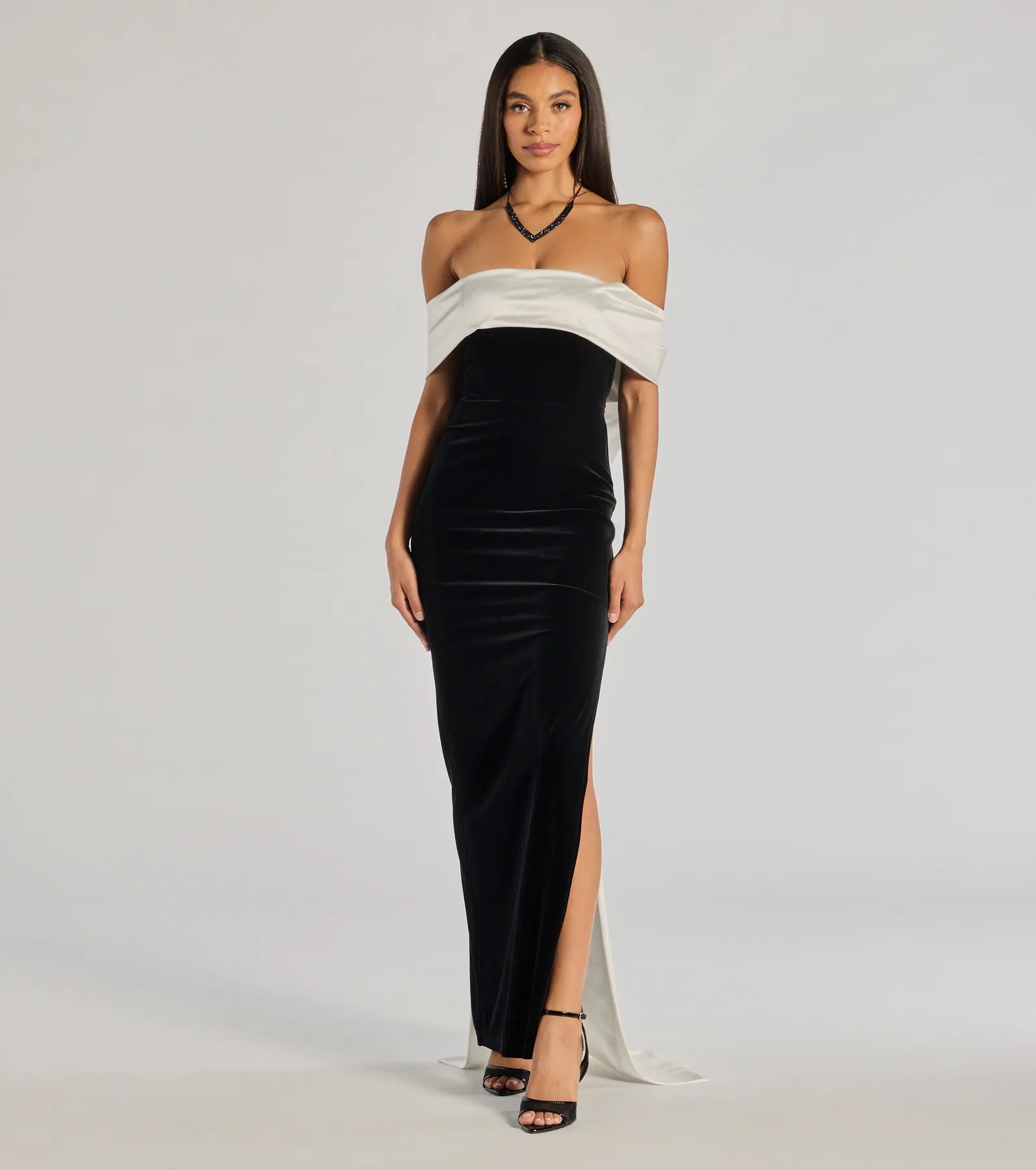 Windsor Verona Off-The-Shoulder Bow Back Velvet Formal Dress