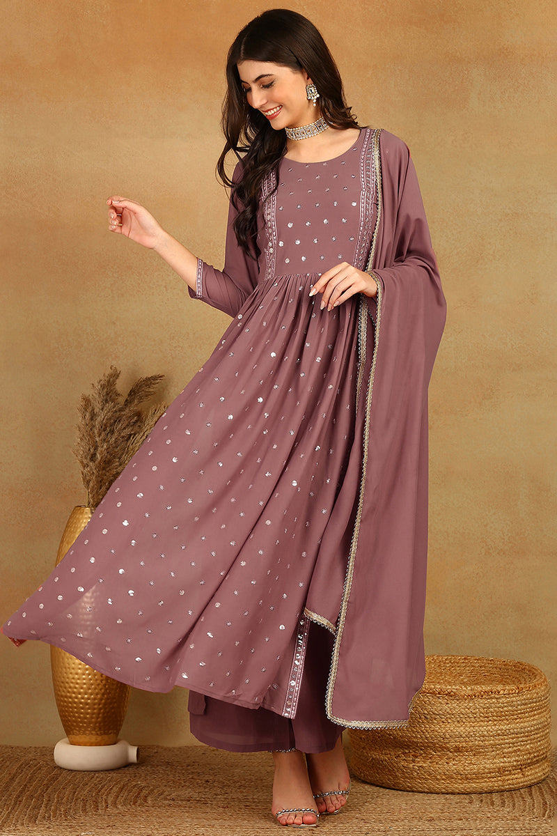 Ahika Mauve Pink Georgette Solid Embroidered Straight Palazzo Suit Set PKSKD2521PNK