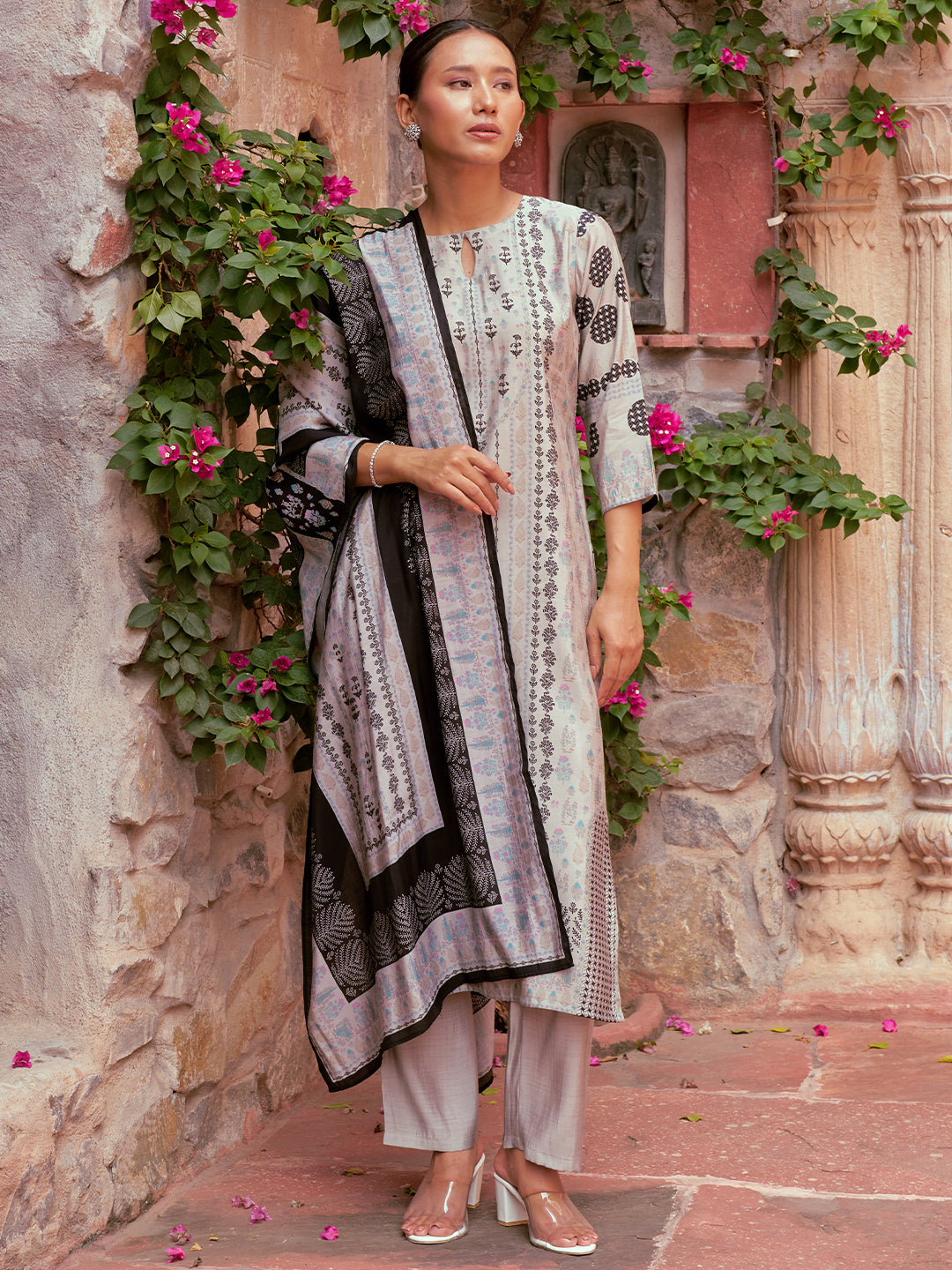 Libas Grey Printed Silk Blend Straight Suit With Dupatta